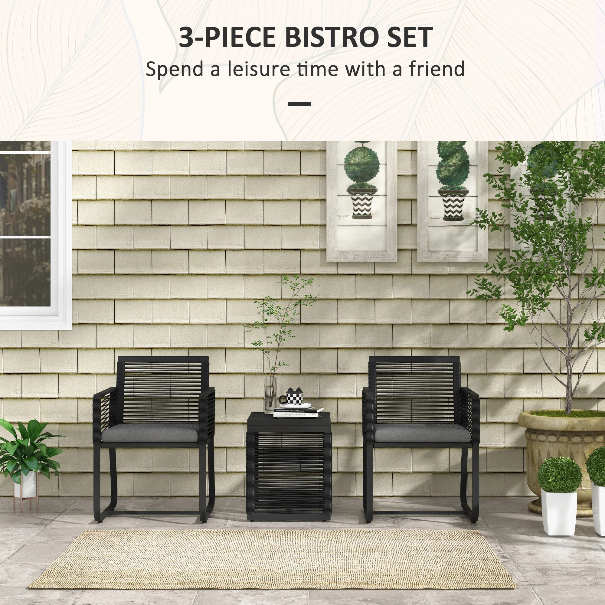 3 Piece Wicker Patio Furniture Set with Glass Top Table and Cushions, Black - Image 6