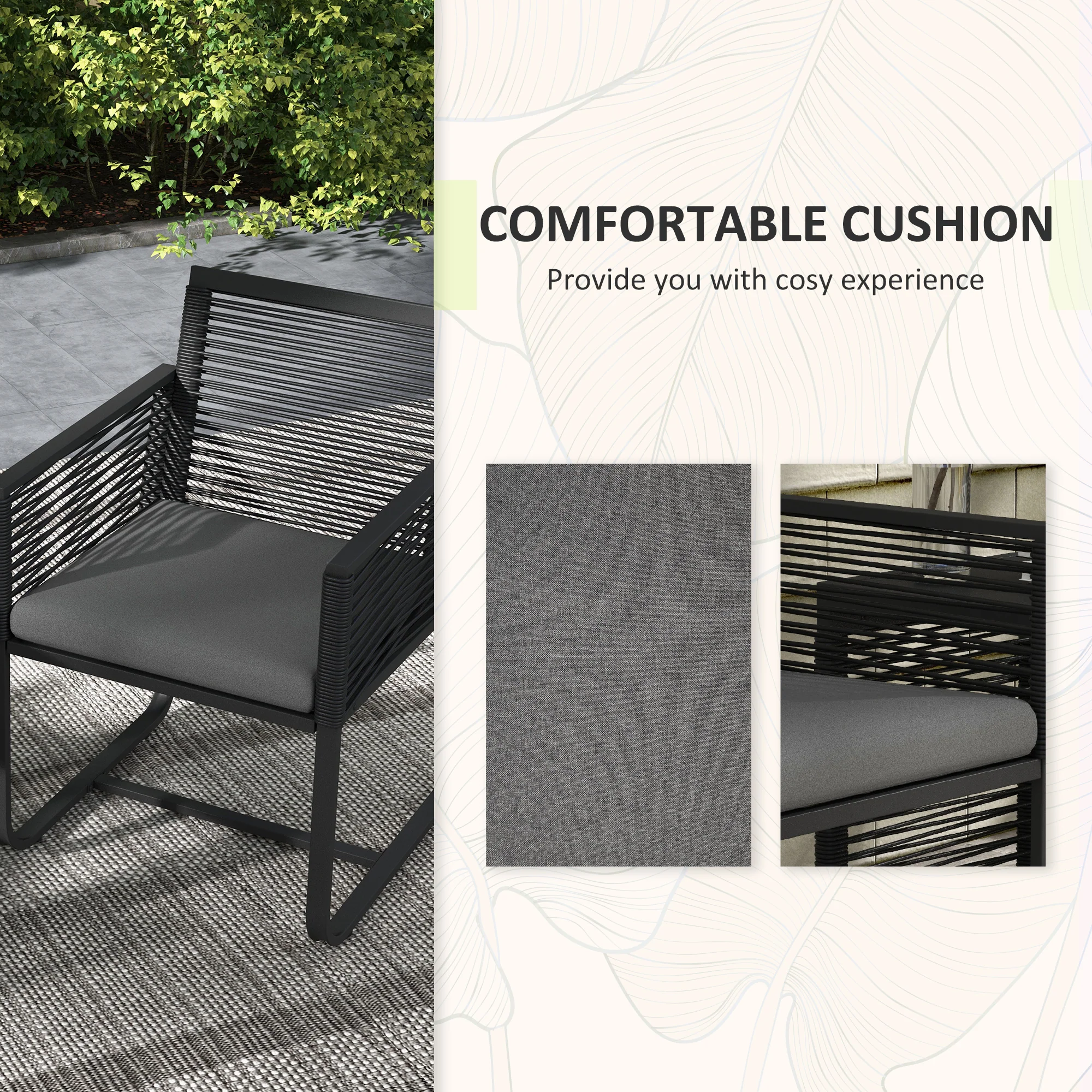 3 Piece Wicker Patio Furniture Set with Glass Top Table and Cushions, Black - Image 7