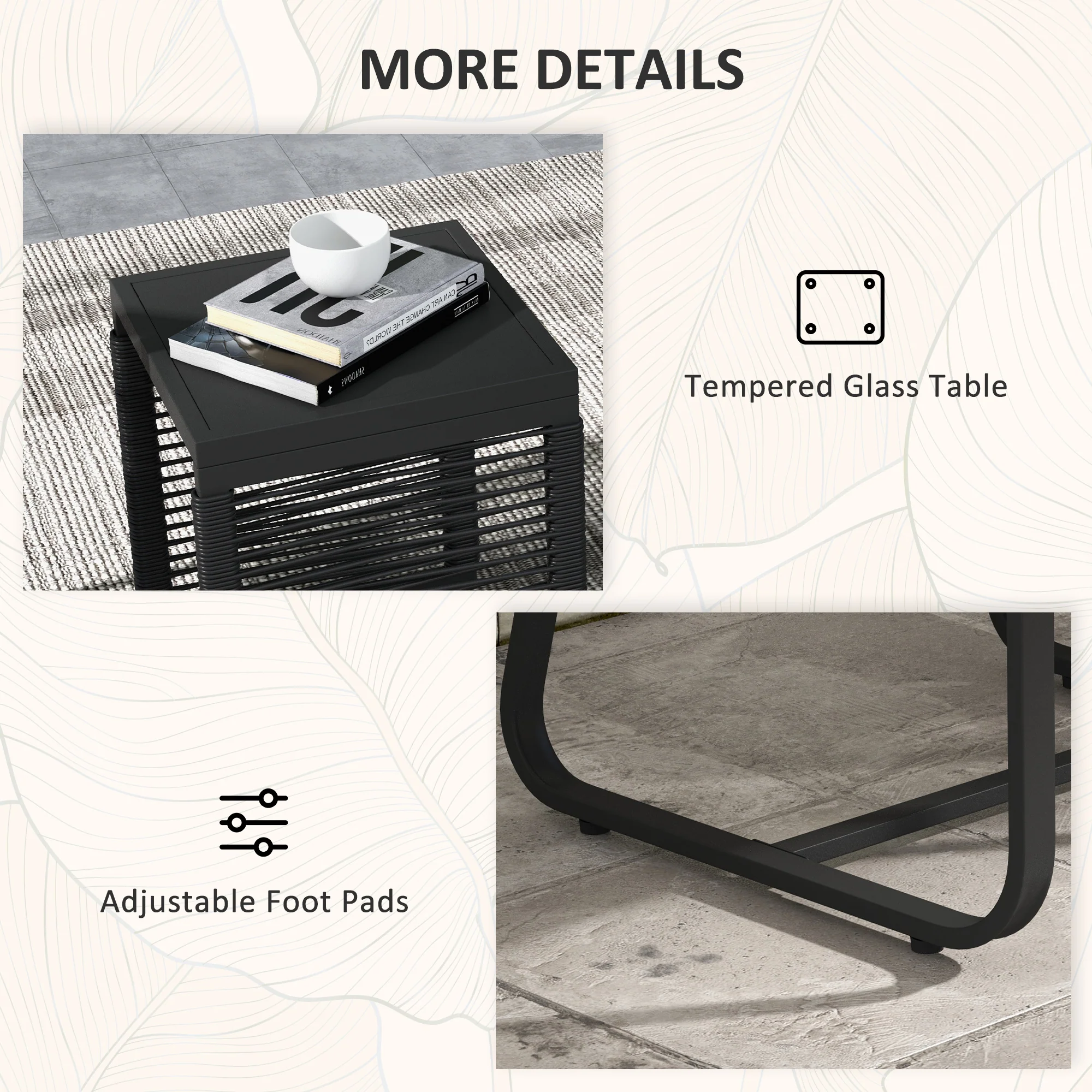 3 Piece Wicker Patio Furniture Set with Glass Top Table and Cushions, Black - Image 9
