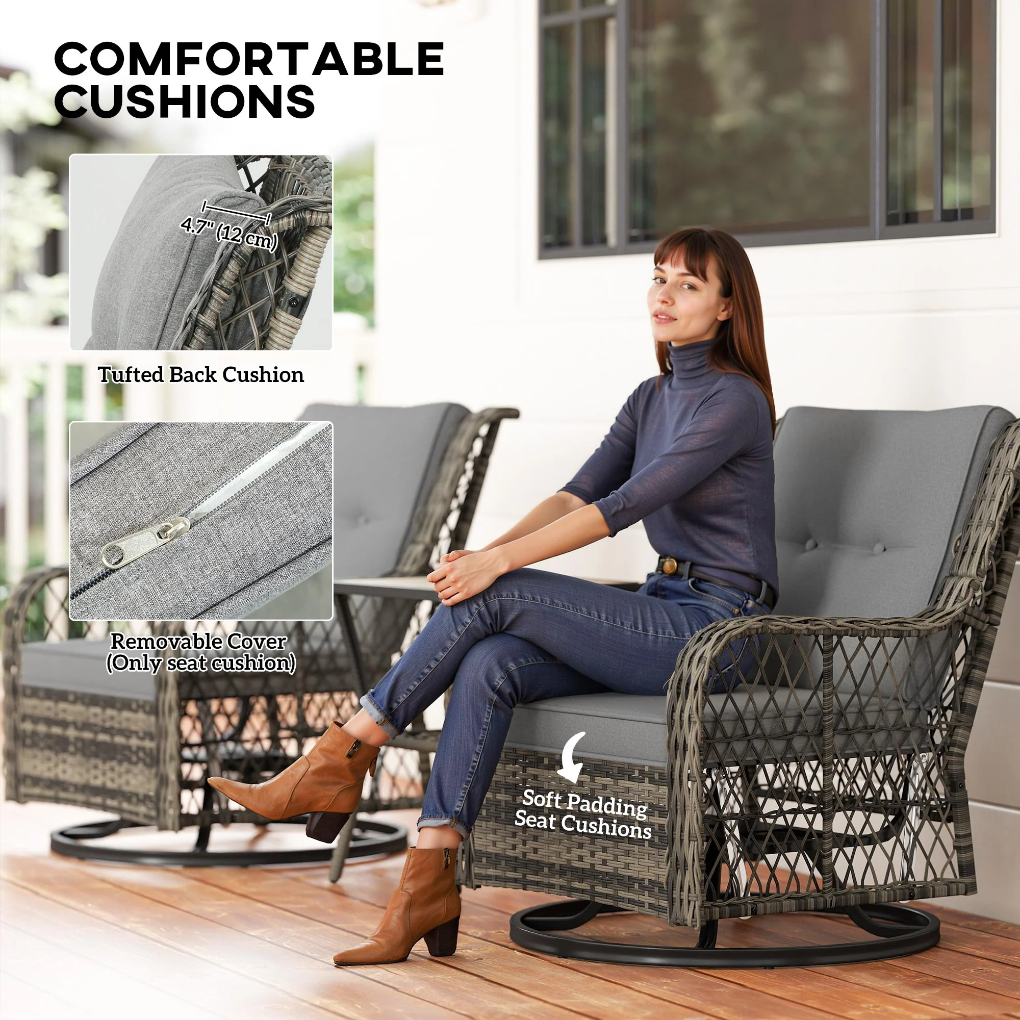 3 Piece Wicker Bistro Set with 2-Tier Glass Top Table, Cushions for Balcony, Porch, Grey - Image 8