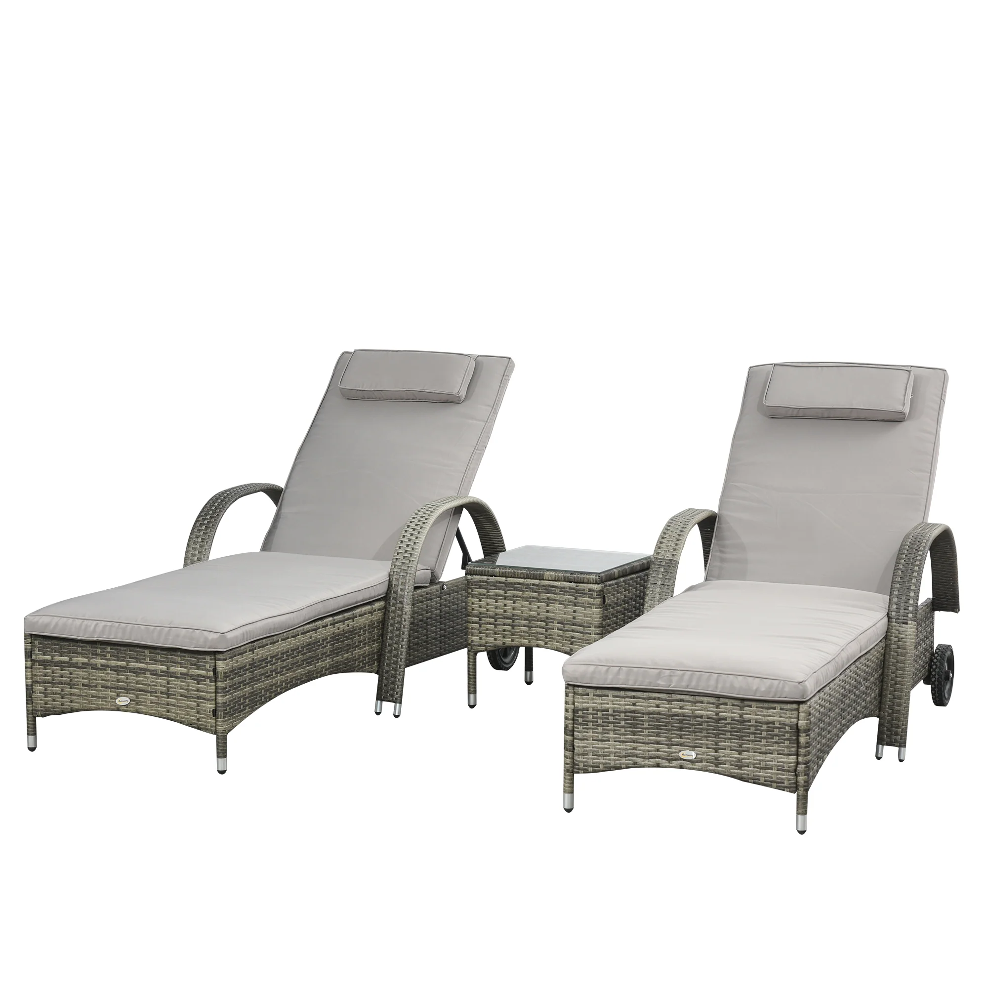3 Pieces Wicker Patio Lounger Set with 5-Level Backrest, Table & Wheels, Mixed Grey - Image 2