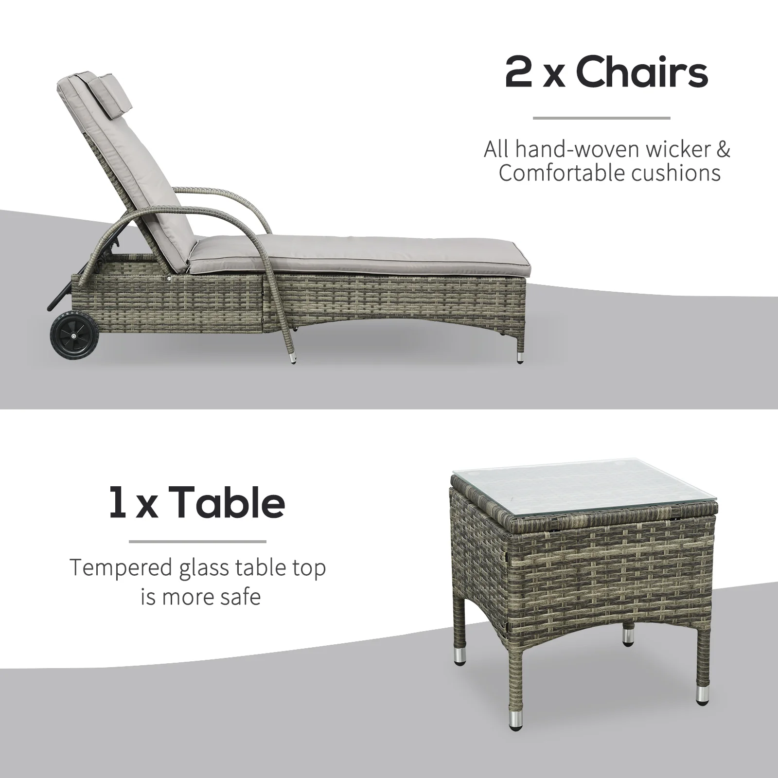 3 Pieces Wicker Patio Lounger Set with 5-Level Backrest, Table & Wheels, Mixed Grey - Image 7
