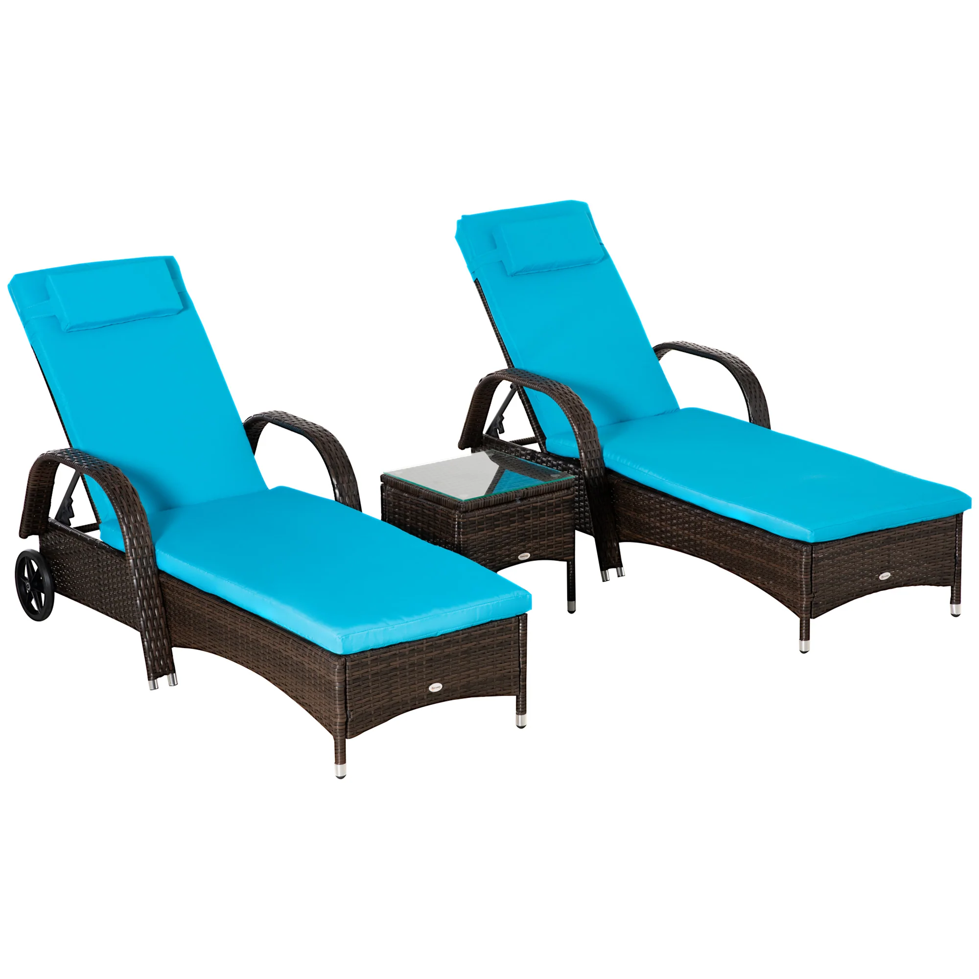 3 Pieces Wicker Patio Lounger Set with 5-Level Backrest, Table & Wheels, Blue - Image 12