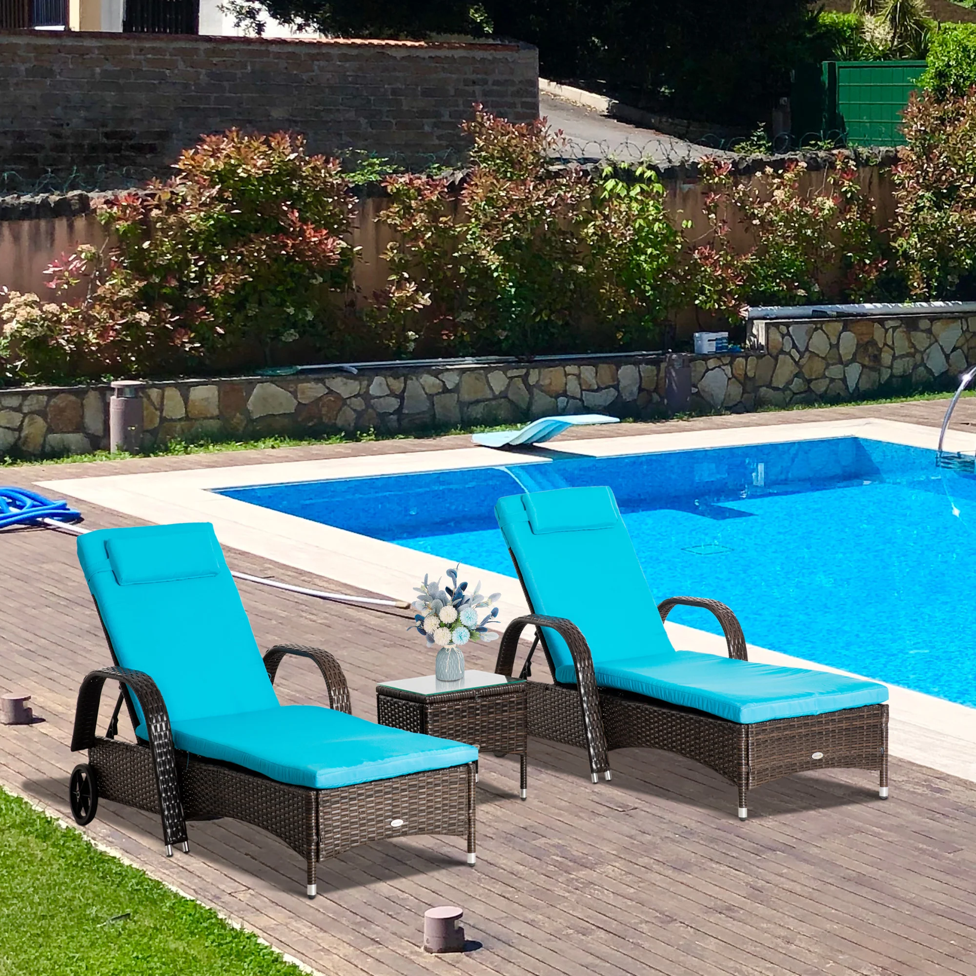 3 Pieces Wicker Patio Lounger Set with 5-Level Backrest, Table & Wheels, Blue - Image 4