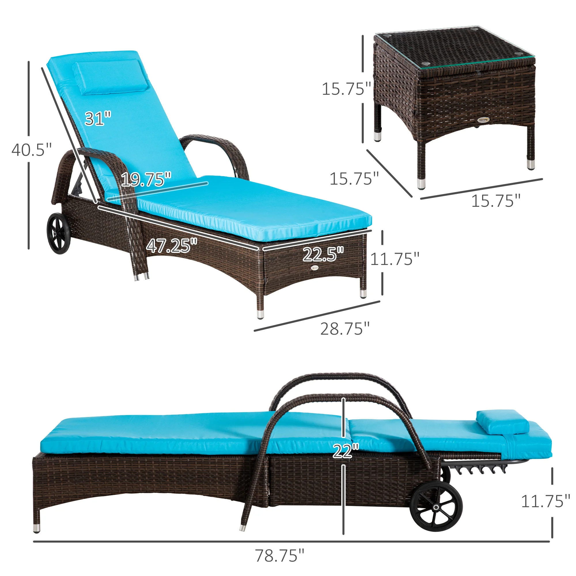 3 Pieces Wicker Patio Lounger Set with 5-Level Backrest, Table & Wheels, Blue - Image 5