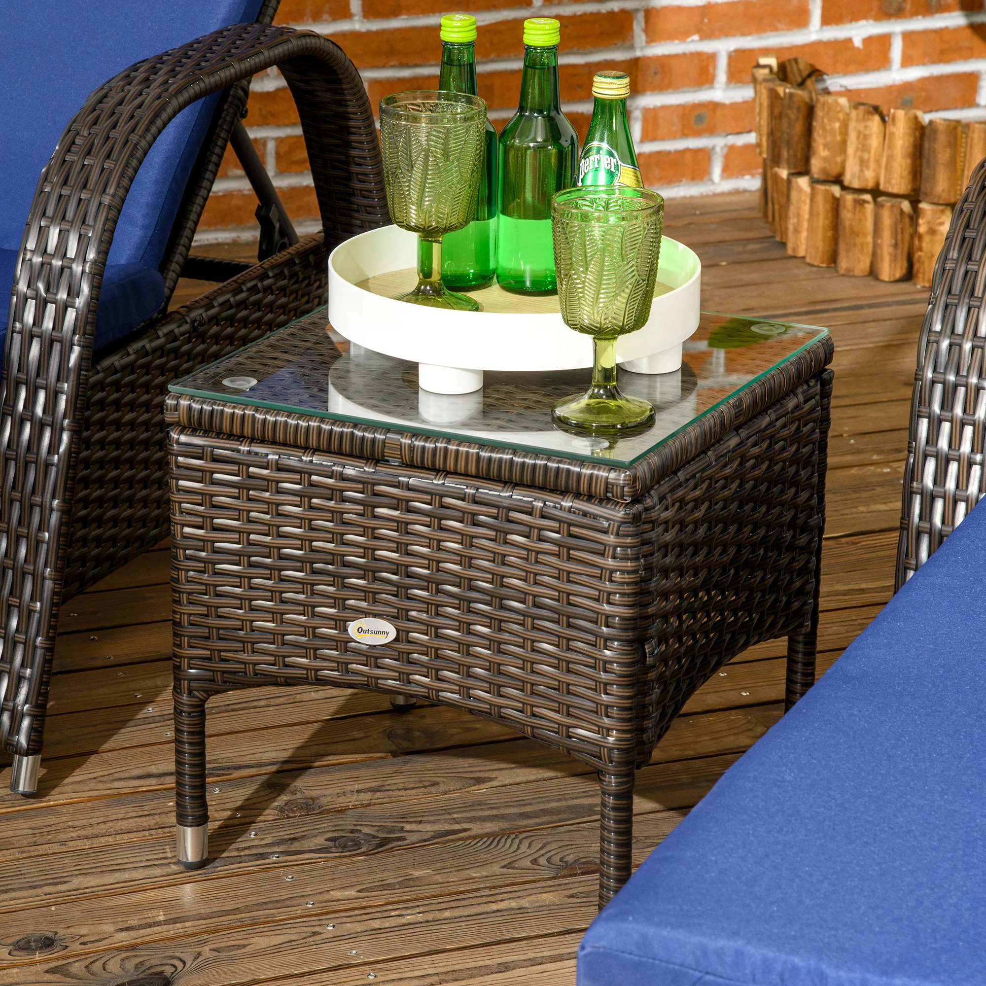3 Pieces Wicker Patio Lounger Set with 5-Level Backrest, Table & Wheels, Dark Blue - Image 10