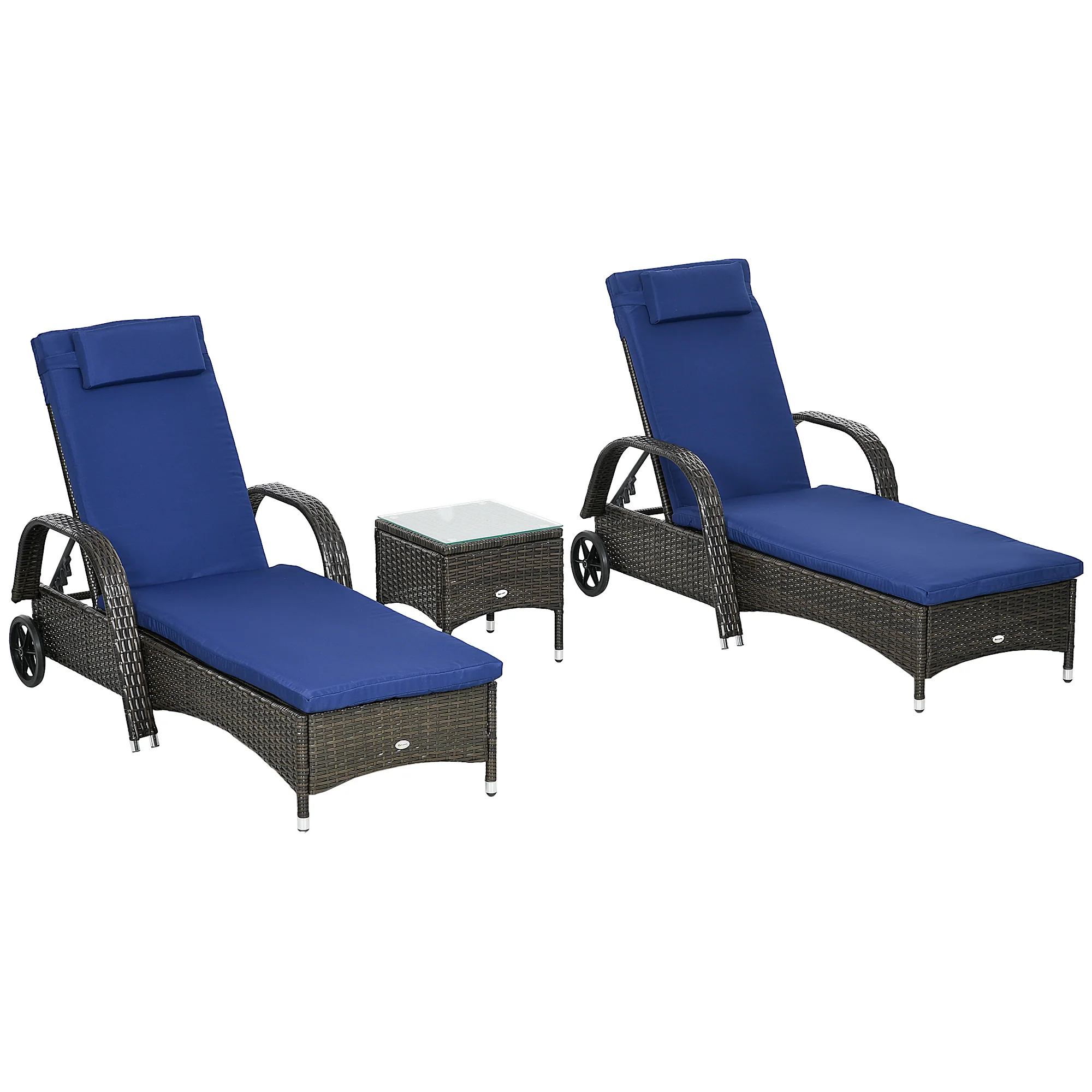 3 Pieces Wicker Patio Lounger Set with 5-Level Backrest, Table & Wheels, Dark Blue - Image 12