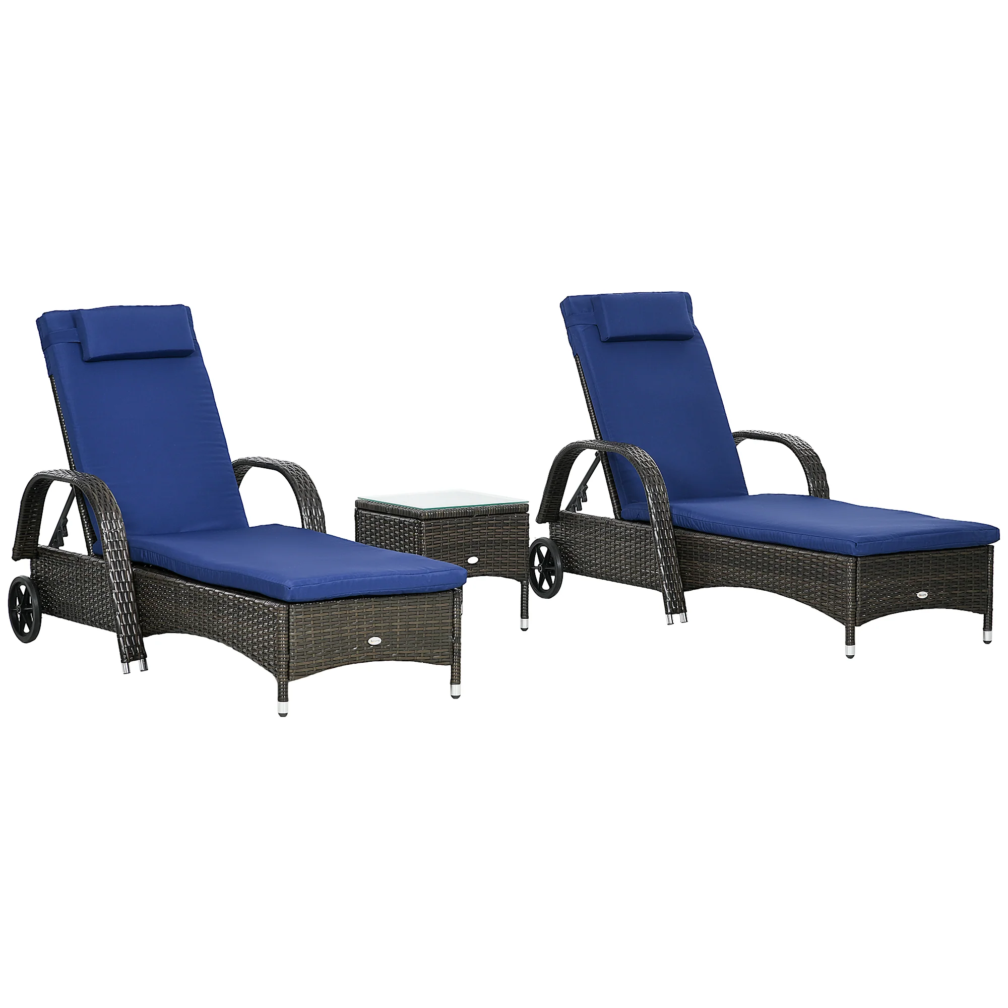 3 Pieces Wicker Patio Lounger Set with 5-Level Backrest, Table & Wheels, Dark Blue - Image 2