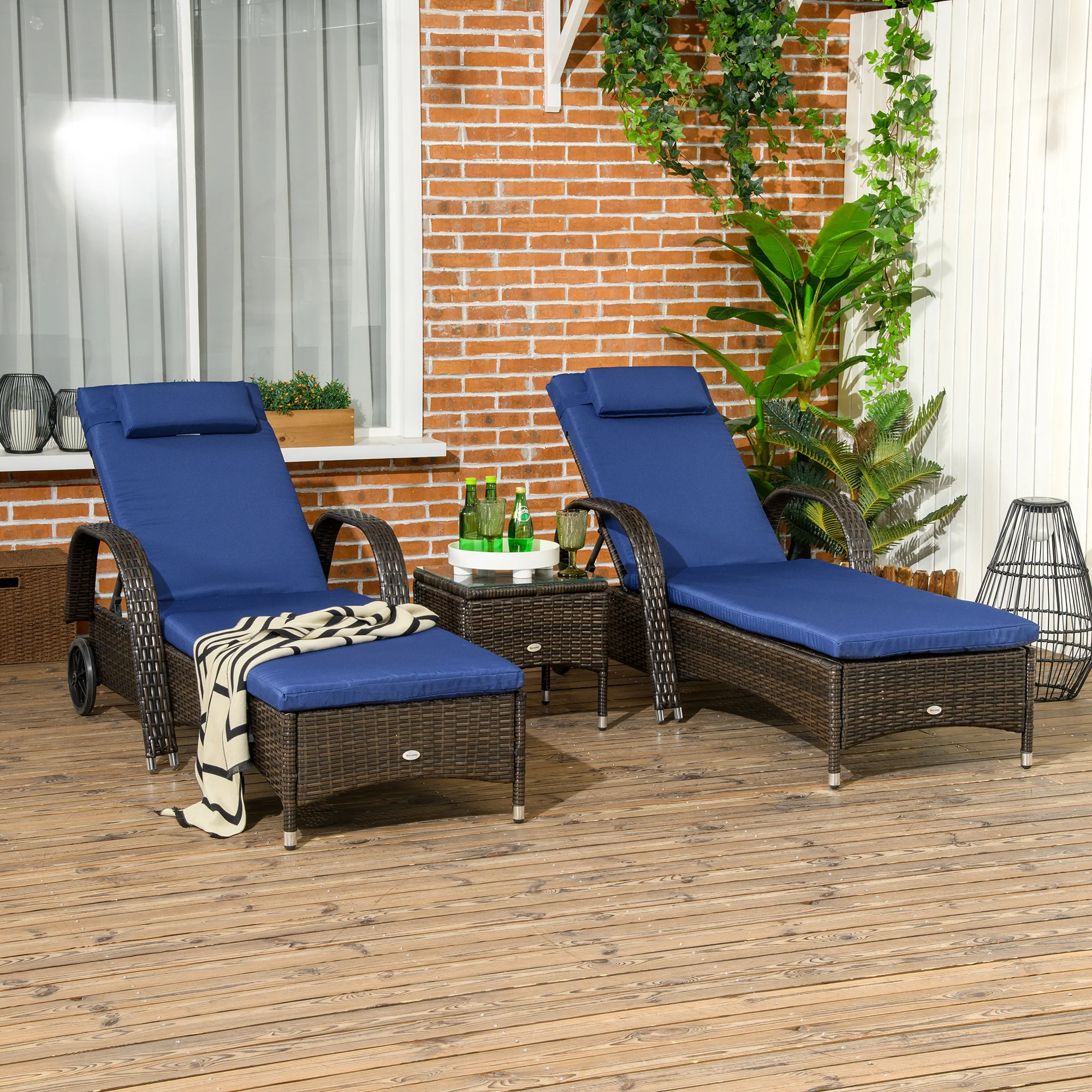 3 Pieces Wicker Patio Lounger Set with 5-Level Backrest, Table & Wheels, Dark Blue - Image 3