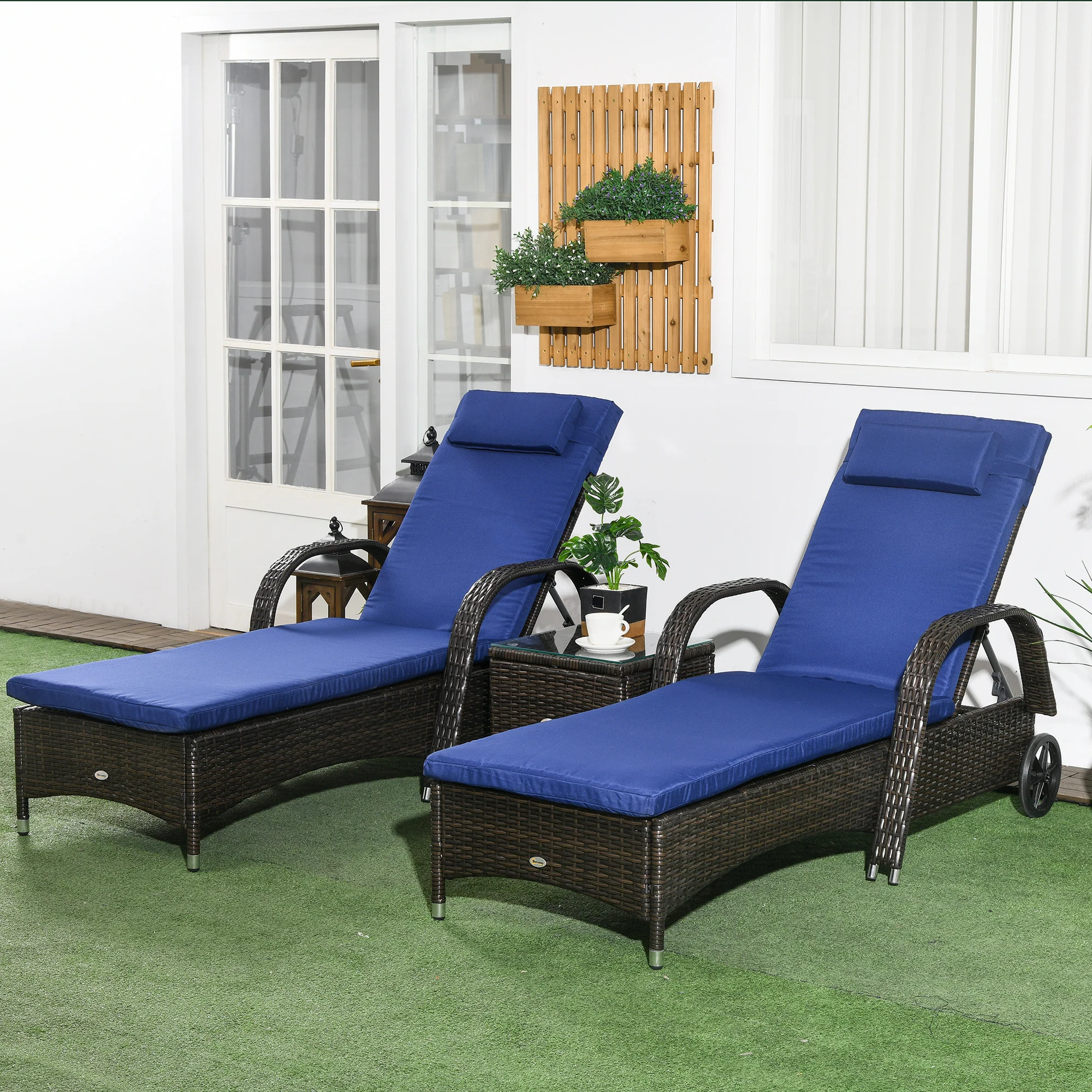 3 Pieces Wicker Patio Lounger Set with 5-Level Backrest, Table & Wheels, Dark Blue - Image 4