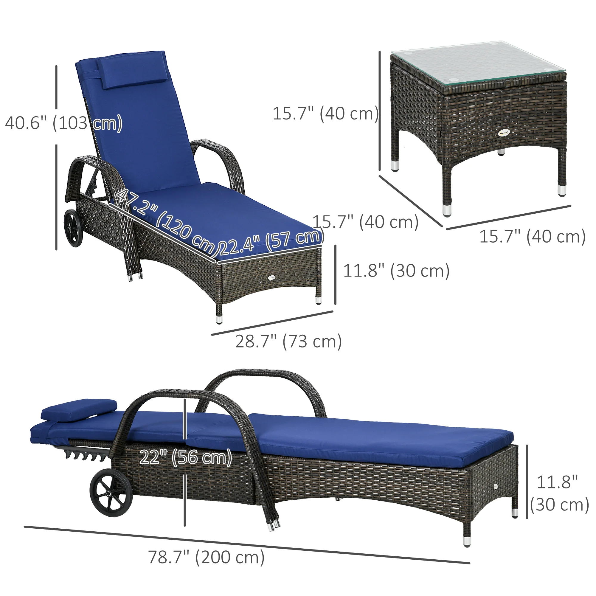 3 Pieces Wicker Patio Lounger Set with 5-Level Backrest, Table & Wheels, Dark Blue - Image 5