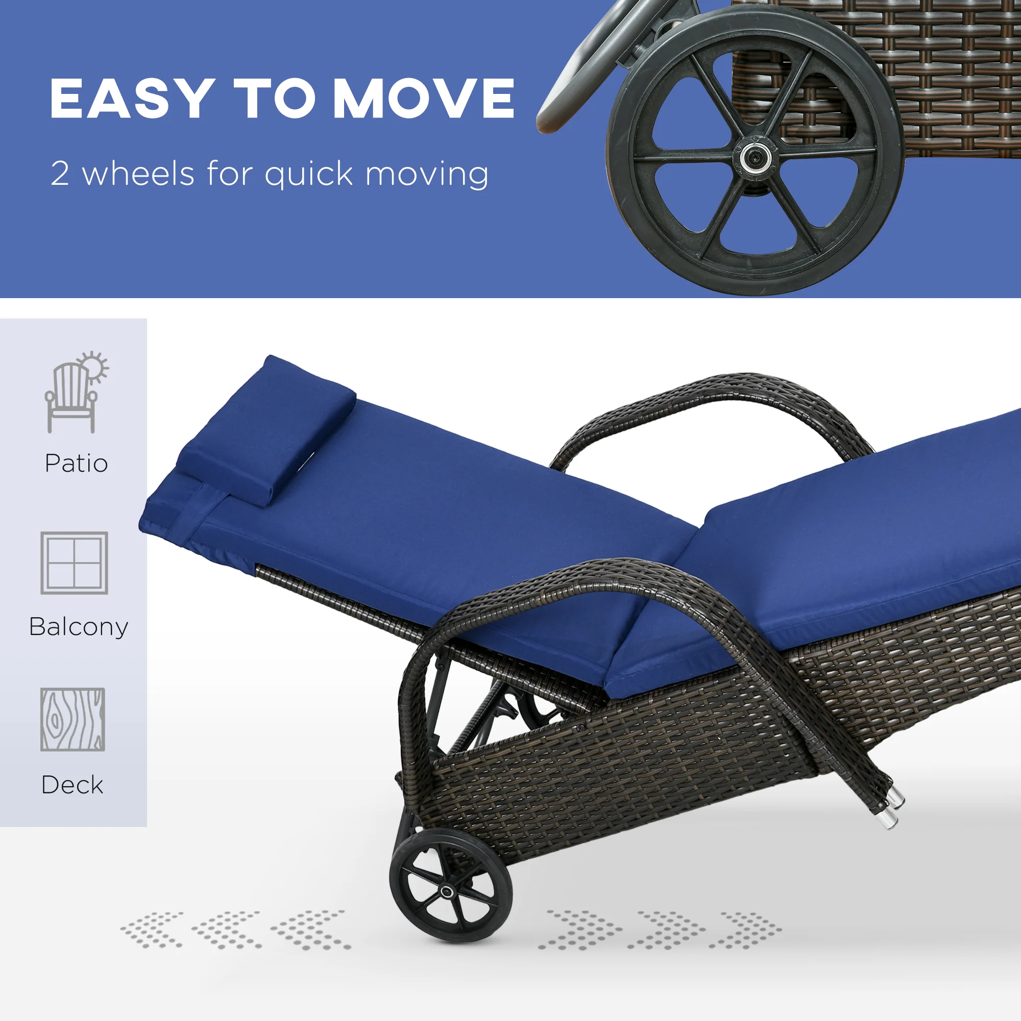 3 Pieces Wicker Patio Lounger Set with 5-Level Backrest, Table & Wheels, Dark Blue - Image 8