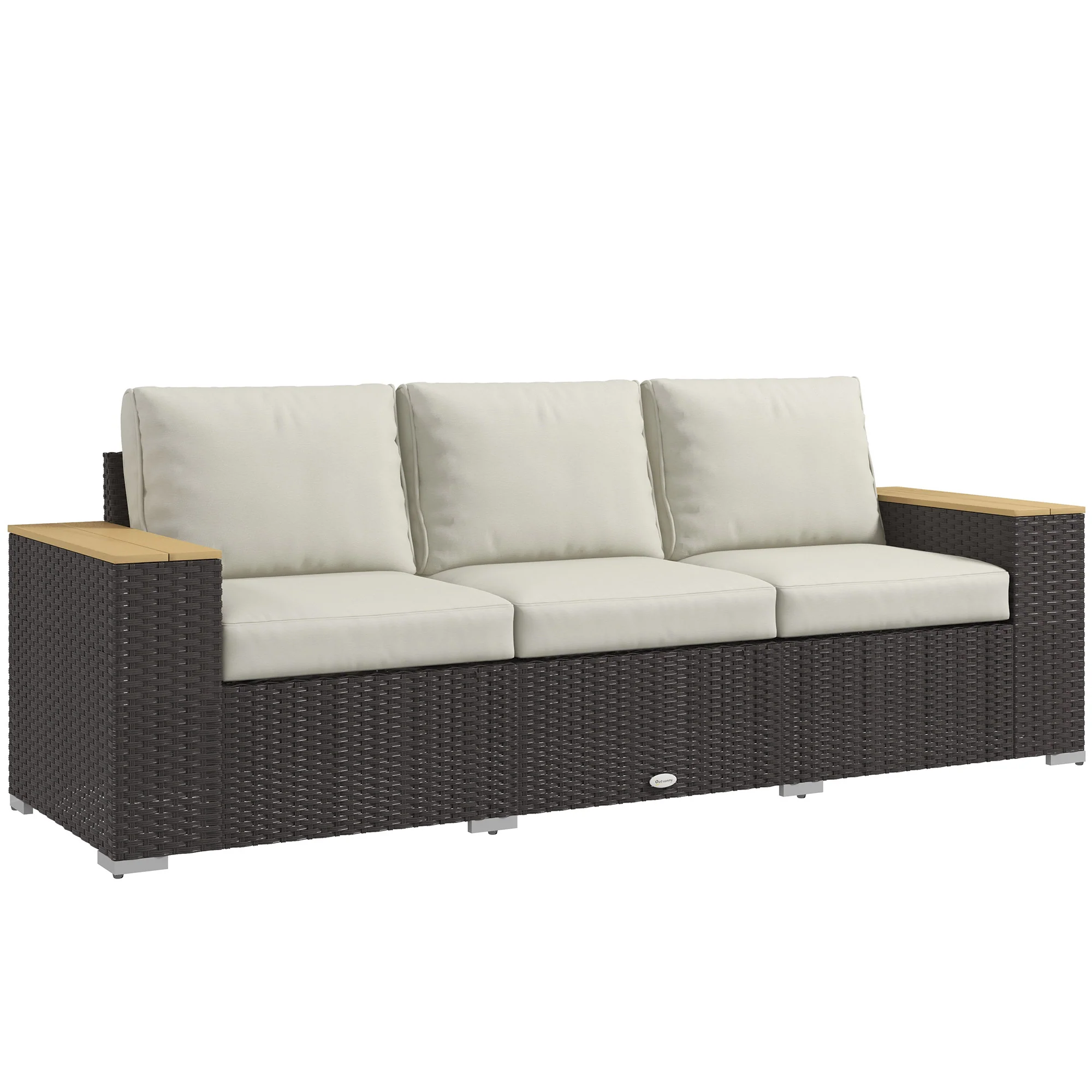 3-Seat PE Rattan Outdoor Sofa with Wood Grain Armrests and Cushions, Cream White - Image 12