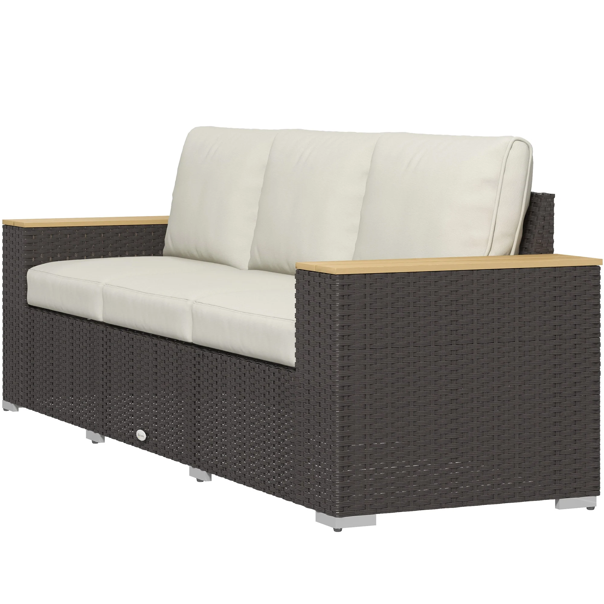 3-Seat PE Rattan Outdoor Sofa with Wood Grain Armrests and Cushions, Cream White - Image 2