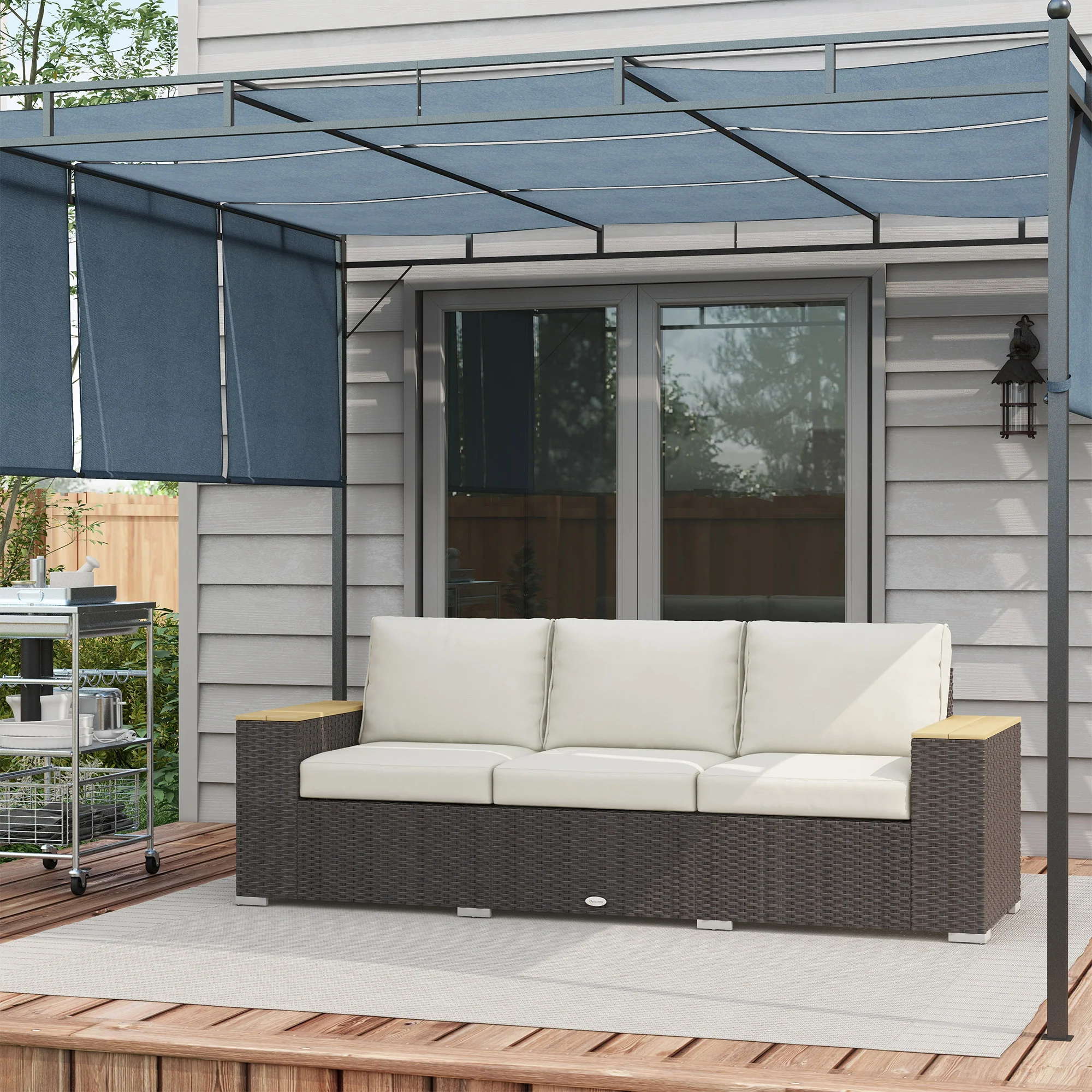 3-Seat PE Rattan Outdoor Sofa with Wood Grain Armrests and Cushions, Cream White - Image 4