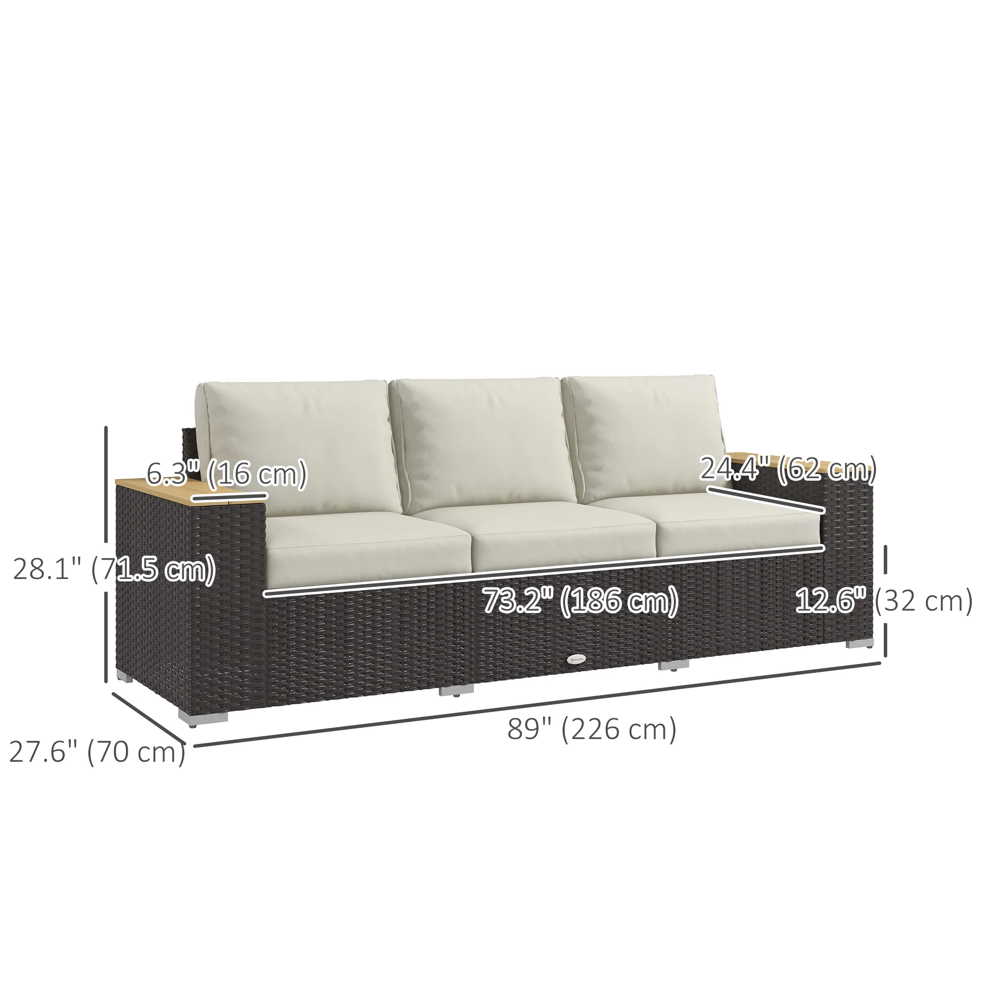 3-Seat PE Rattan Outdoor Sofa with Wood Grain Armrests and Cushions, Cream White - Image 5