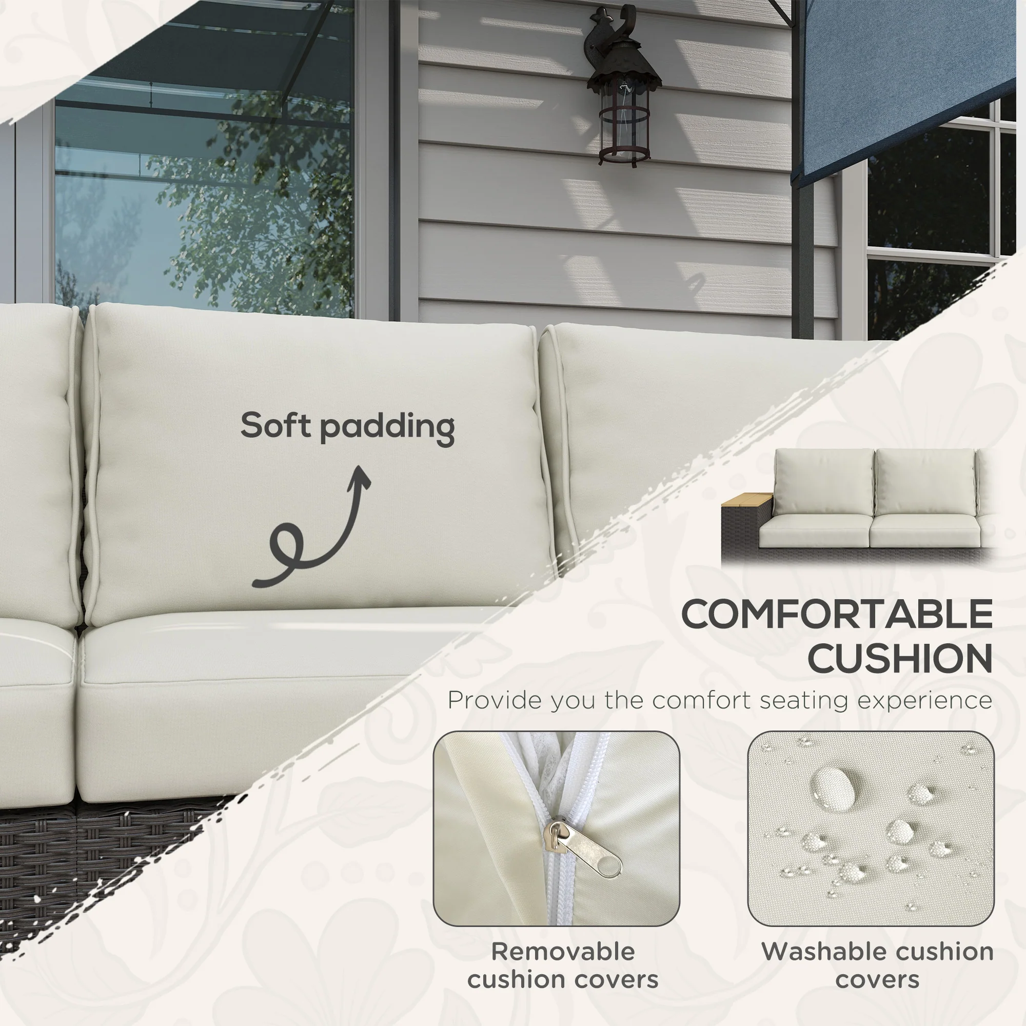 3-Seat PE Rattan Outdoor Sofa with Wood Grain Armrests and Cushions, Cream White - Image 6