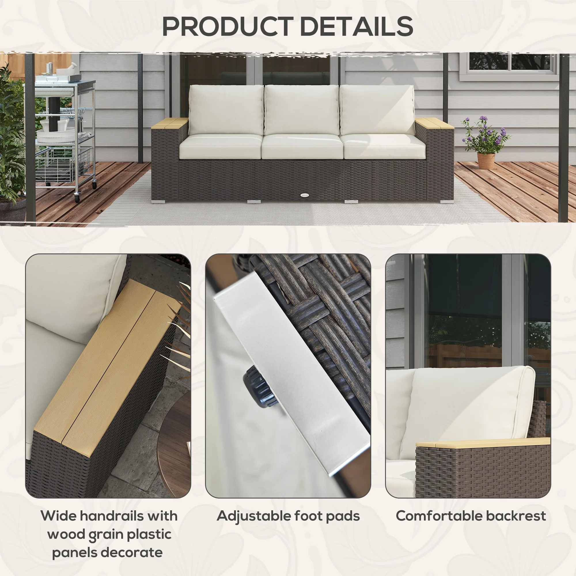 3-Seat PE Rattan Outdoor Sofa with Wood Grain Armrests and Cushions, Cream White - Image 8
