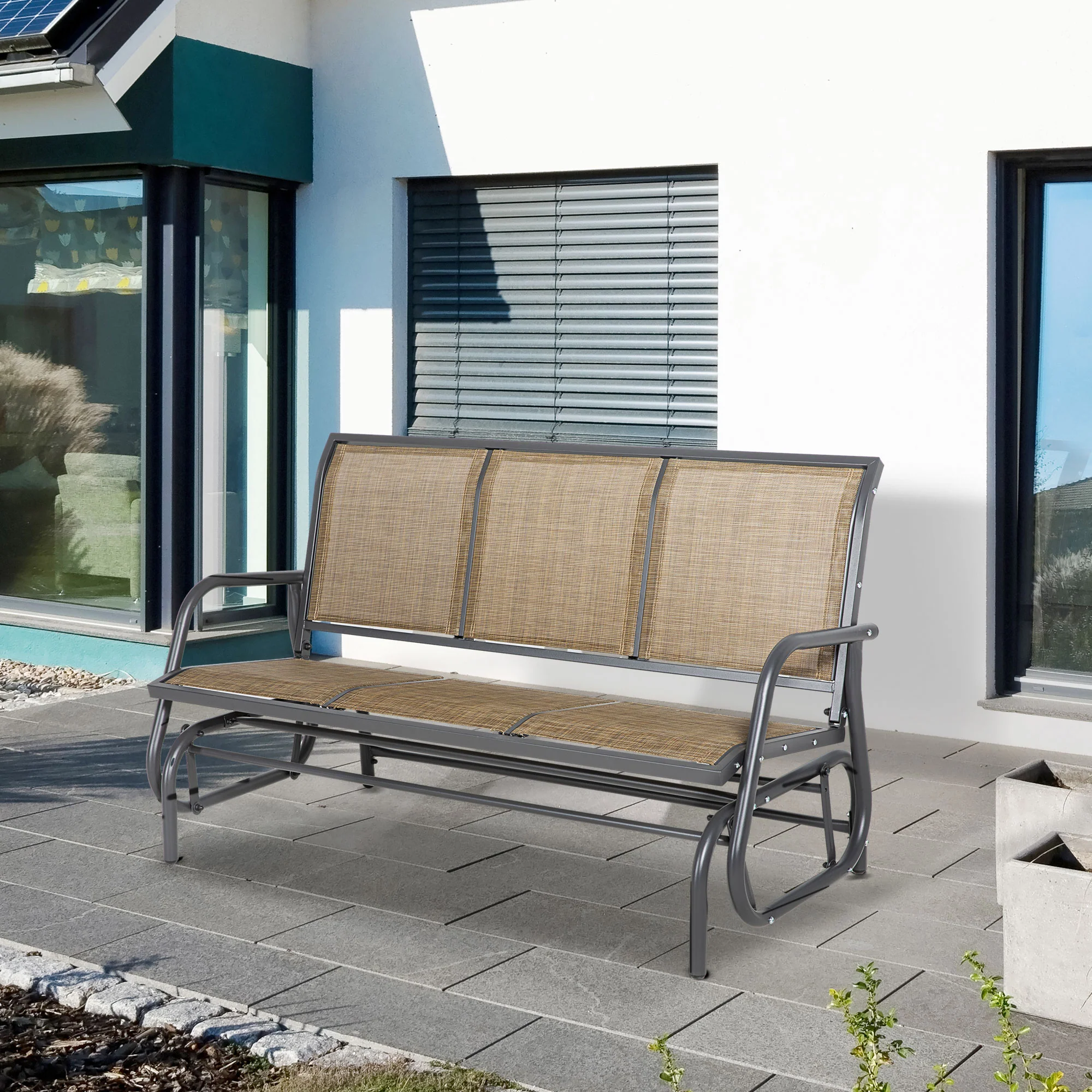 3-Seat Outdoor Patio Rocking Chair w/ Steel Frame & Sling Fabric Seat for Lawn, Brown - Image 3
