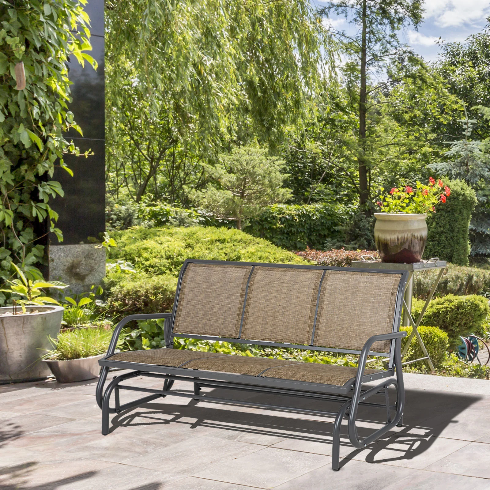 3-Seat Outdoor Patio Rocking Chair w/ Steel Frame & Sling Fabric Seat for Lawn, Brown - Image 4