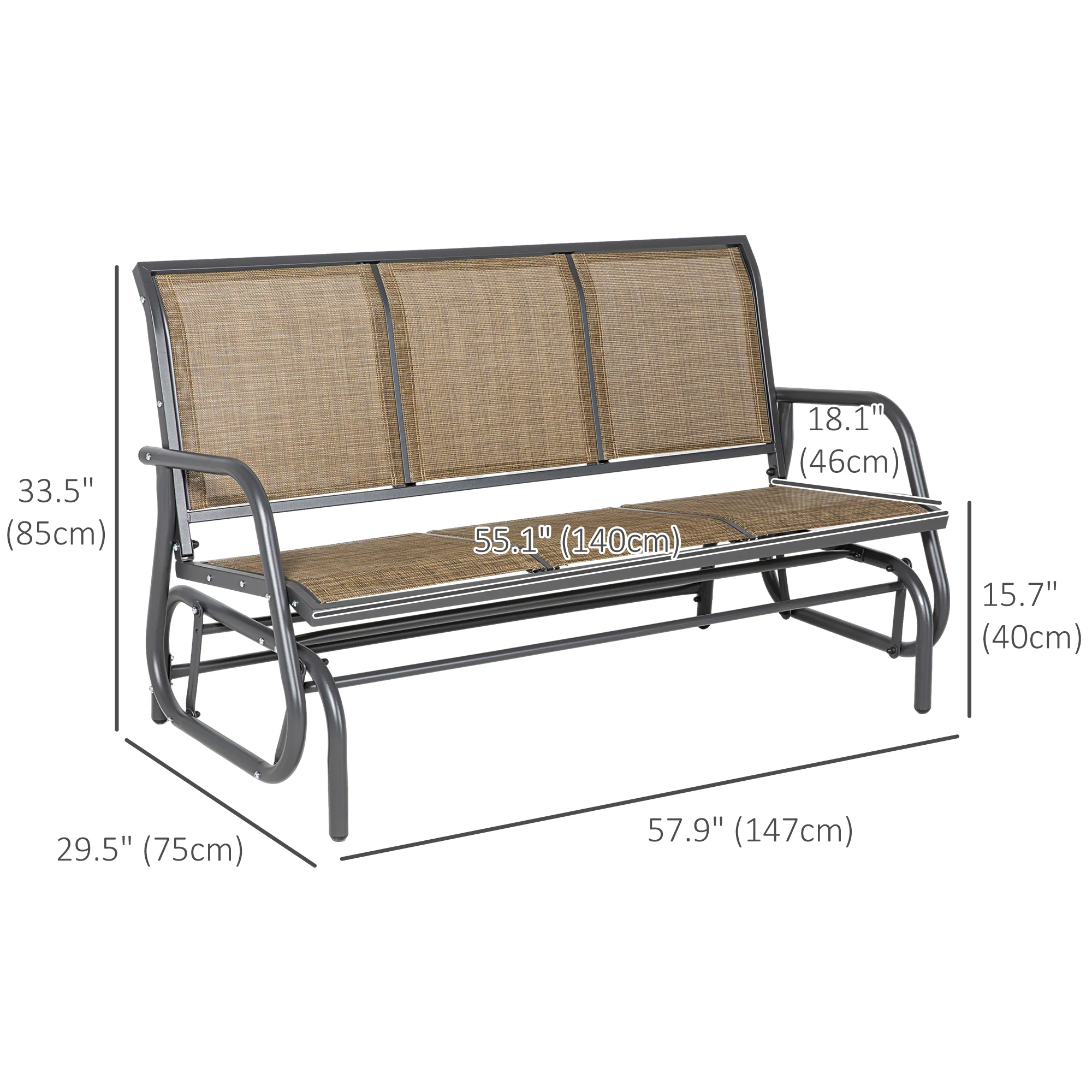3-Seat Outdoor Patio Rocking Chair w/ Steel Frame & Sling Fabric Seat for Lawn, Brown - Image 5
