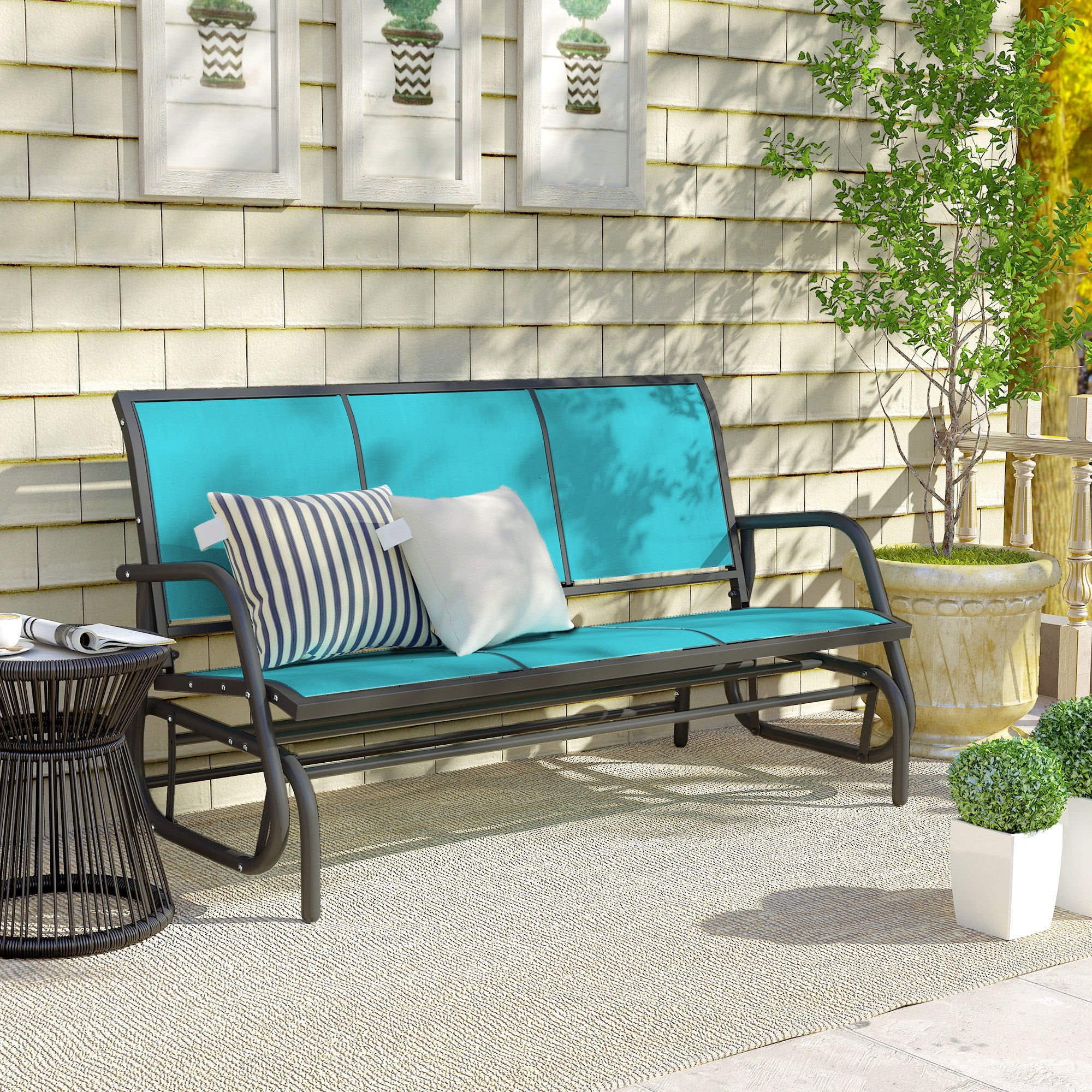 3-Seat Outdoor Glider Bench with Mesh Seat and Steel Frame, Blue - Image 11