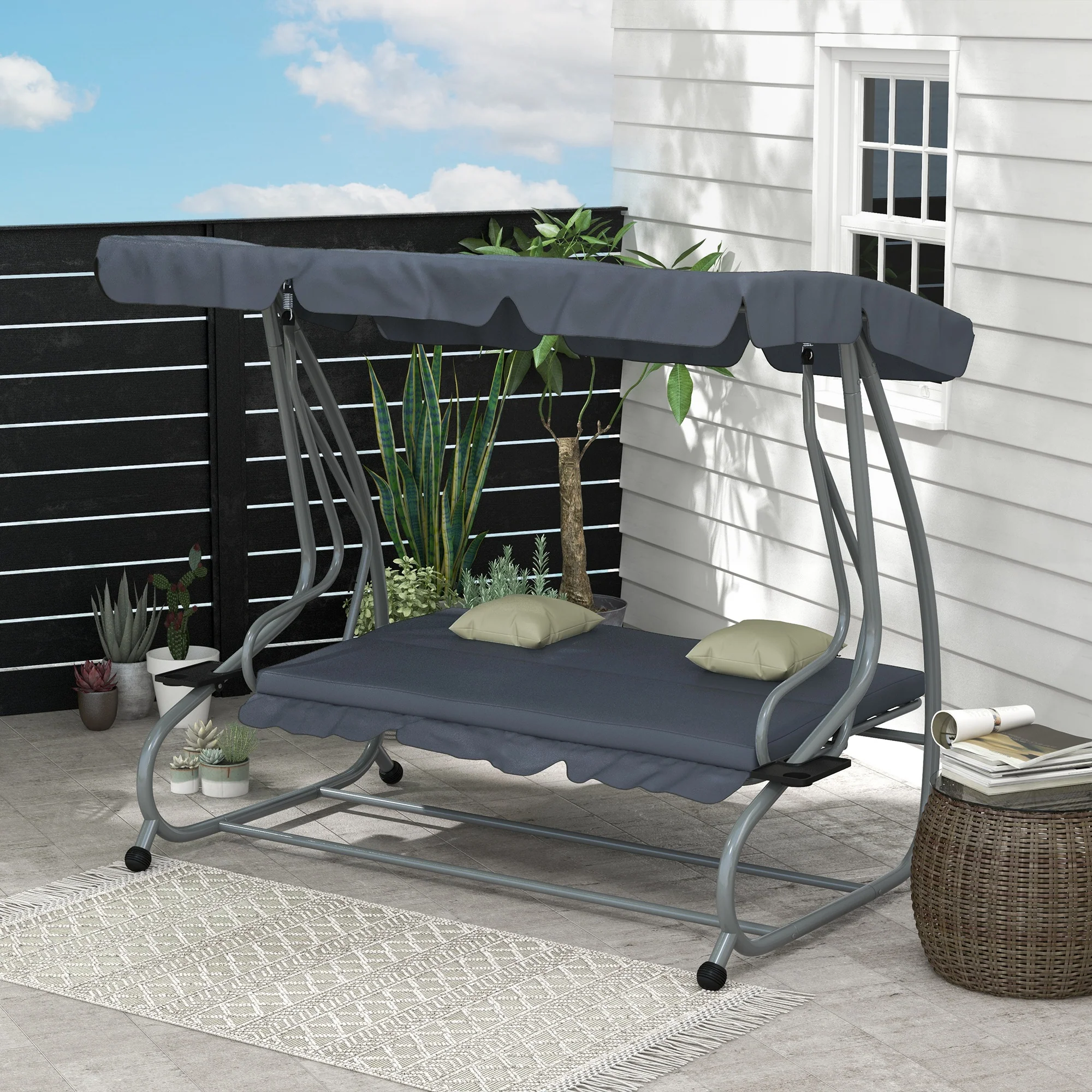 Outdoor 3-Seater Patio Swing Chair with Adjustable Canopy & 2 Pillows, Dark Grey - Image 4