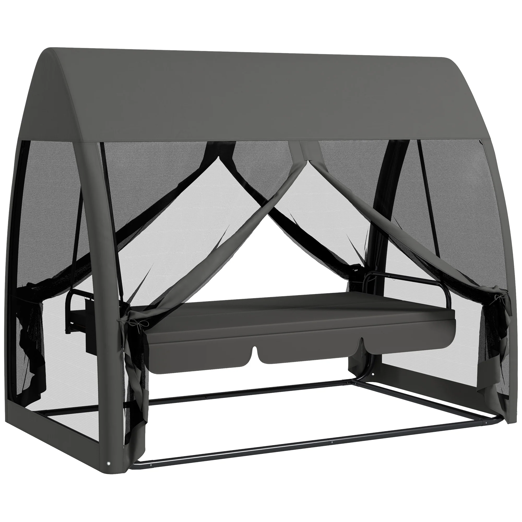 3-Seater Swing Hammock Chair w/ Canopy Netting Walls, Outdoor Lounger Bed, Dark Grey