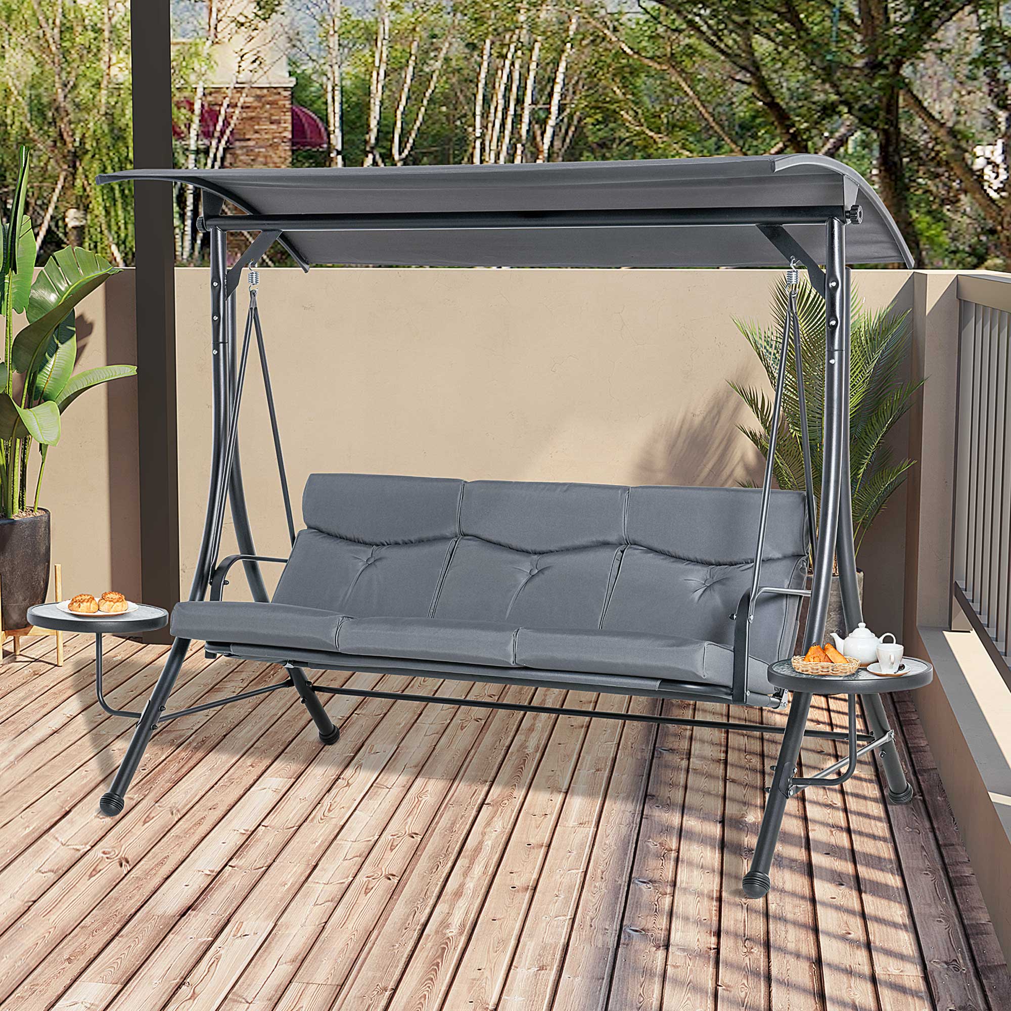 3 Seat Swing Bench Chair w/ Adjustable Canopy & Cushion for Patio Garden, Dark Grey - Image 3