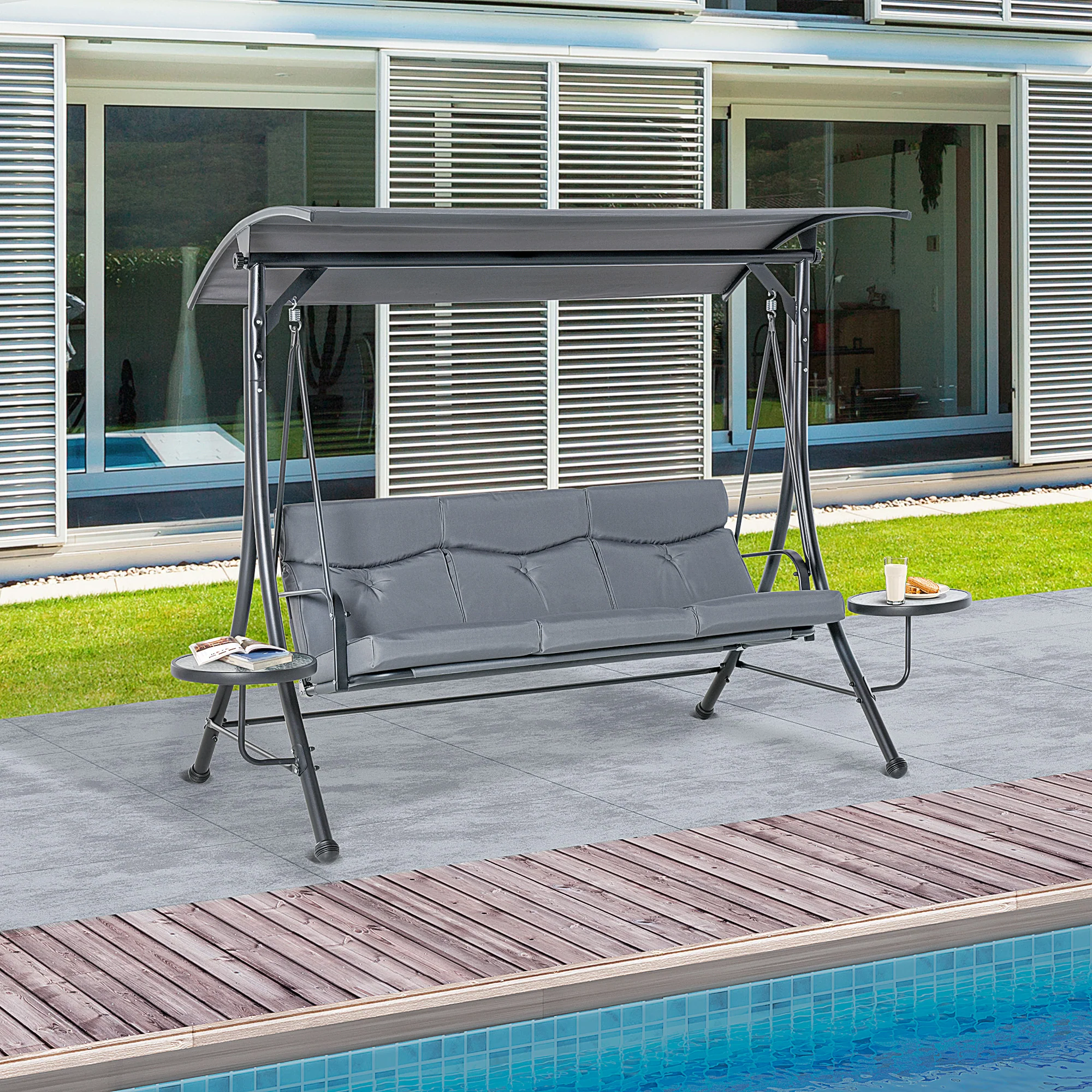 3 Seat Swing Bench Chair w/ Adjustable Canopy & Cushion for Patio Garden, Dark Grey - Image 4