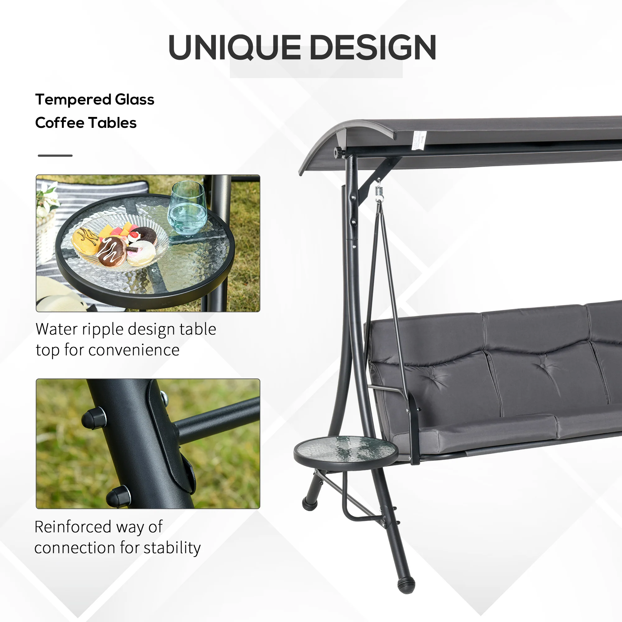 3 Seat Swing Bench Chair w/ Adjustable Canopy & Cushion for Patio Garden, Dark Grey - Image 8