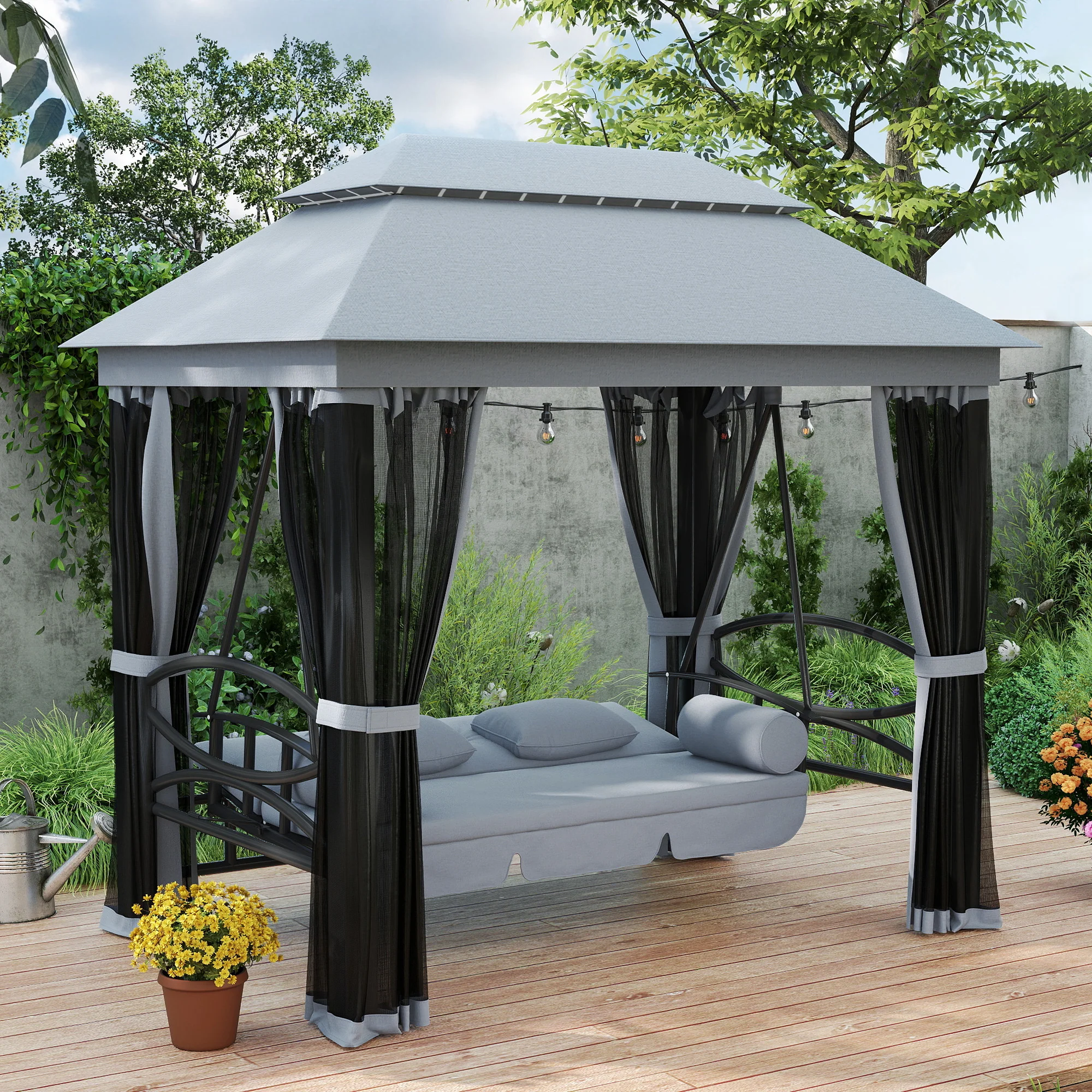3-Seat Patio Swing Chair with Mesh Sidewalls, Gray - Image 3