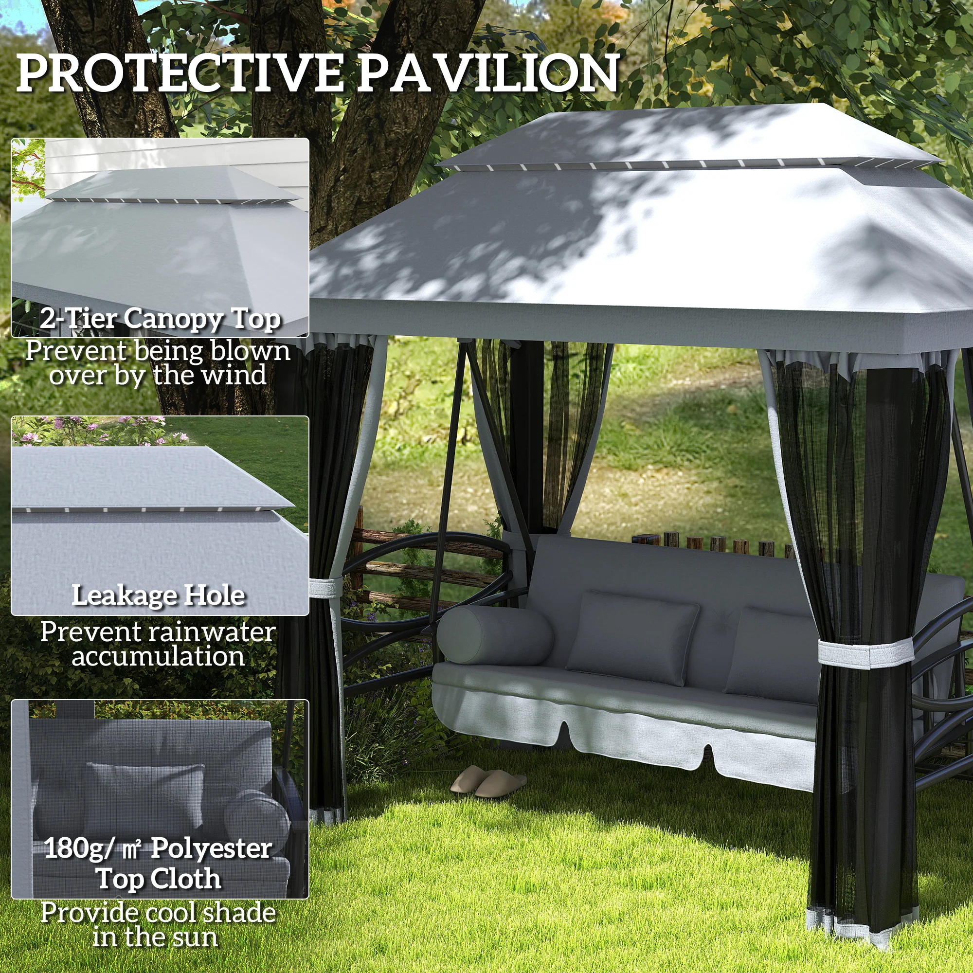 3-Seat Patio Swing Chair with Mesh Sidewalls, Gray - Image 7
