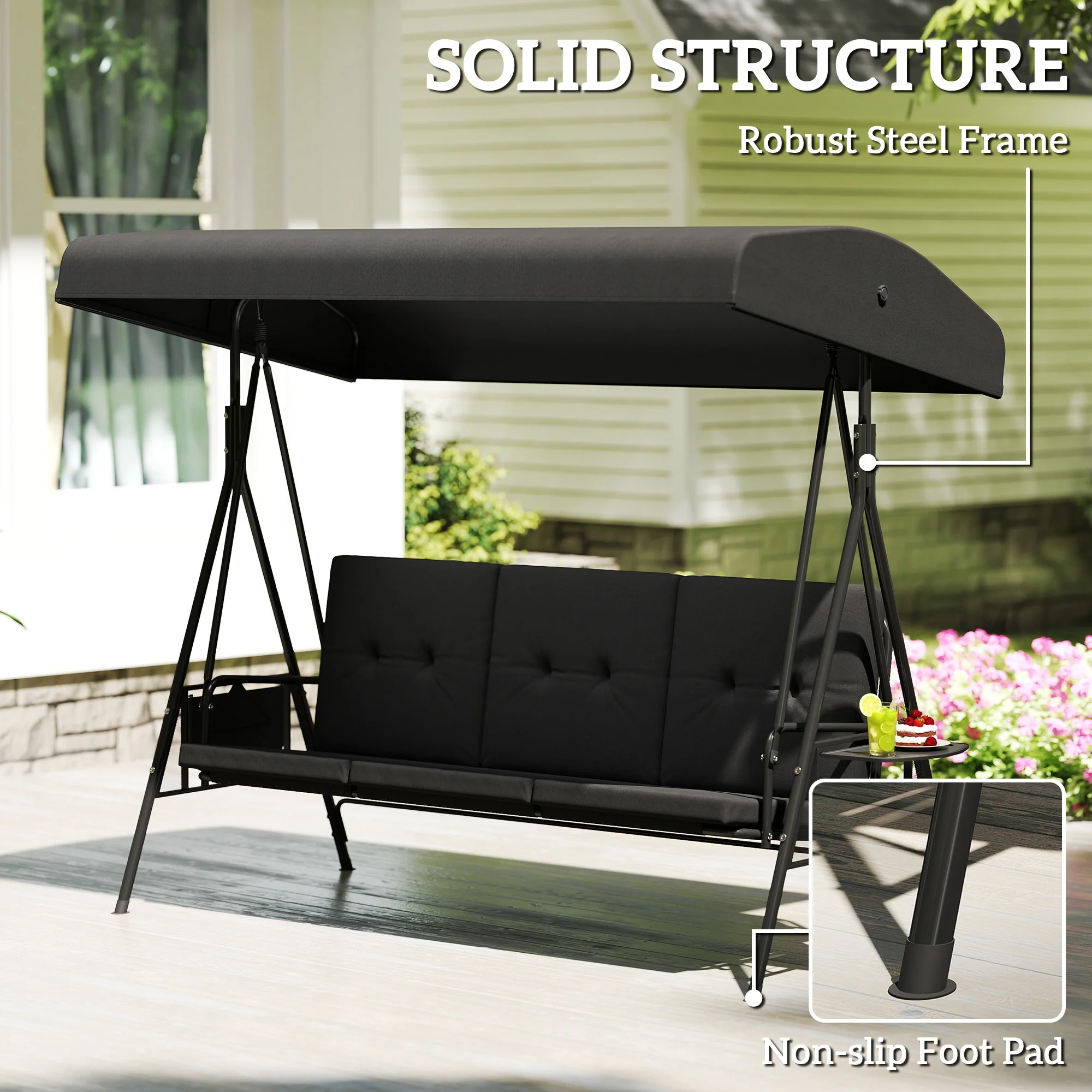 3-Seat Patio Swing Chair with Adjustable Canopy and Side Tray, Black - Image 10