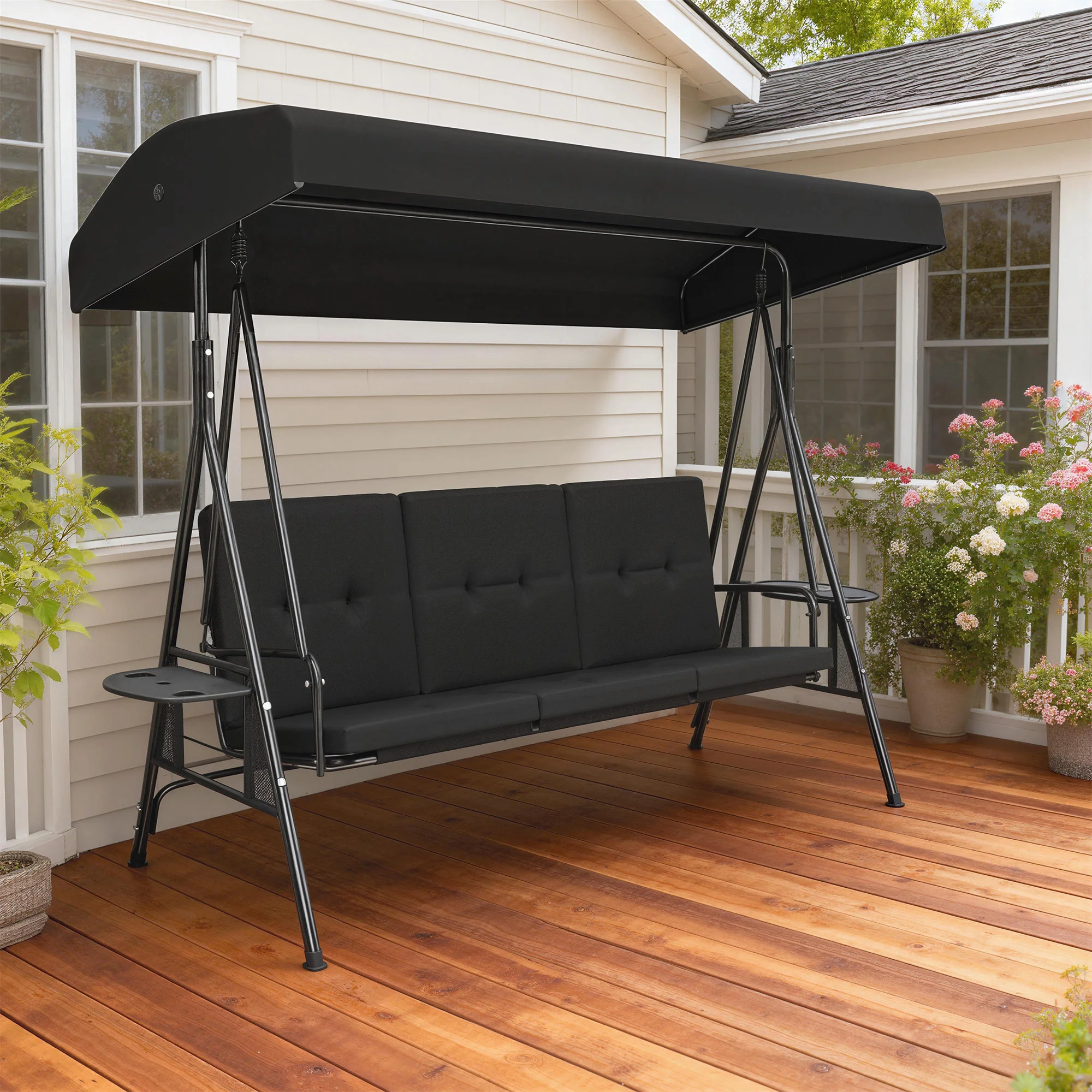 3-Seat Patio Swing Chair with Adjustable Canopy and Side Tray, Black - Image 11