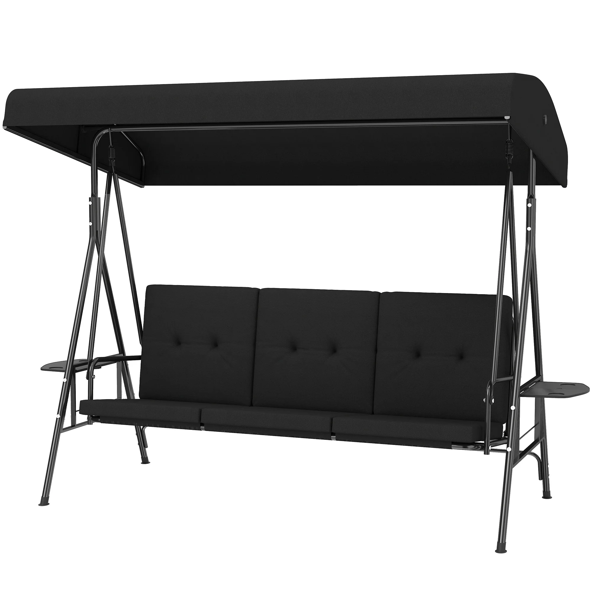 3-Seat Patio Swing Chair with Adjustable Canopy and Side Tray, Black - Image 2