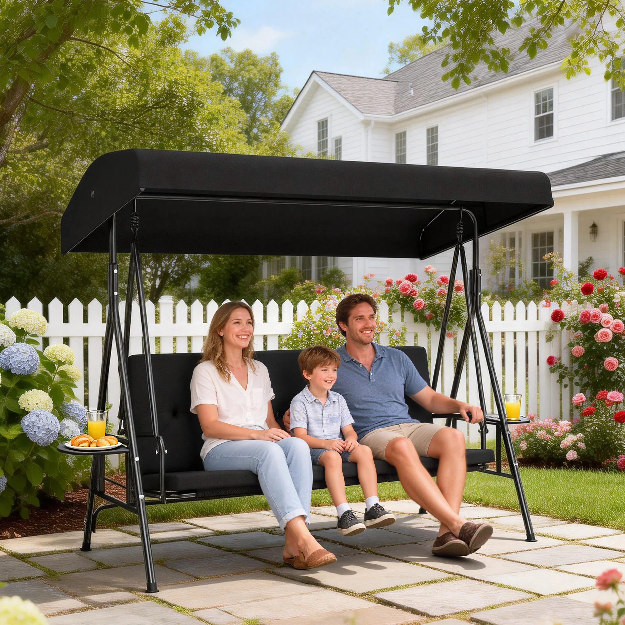 3-Seat Patio Swing Chair with Adjustable Canopy and Side Tray, Black - Image 3