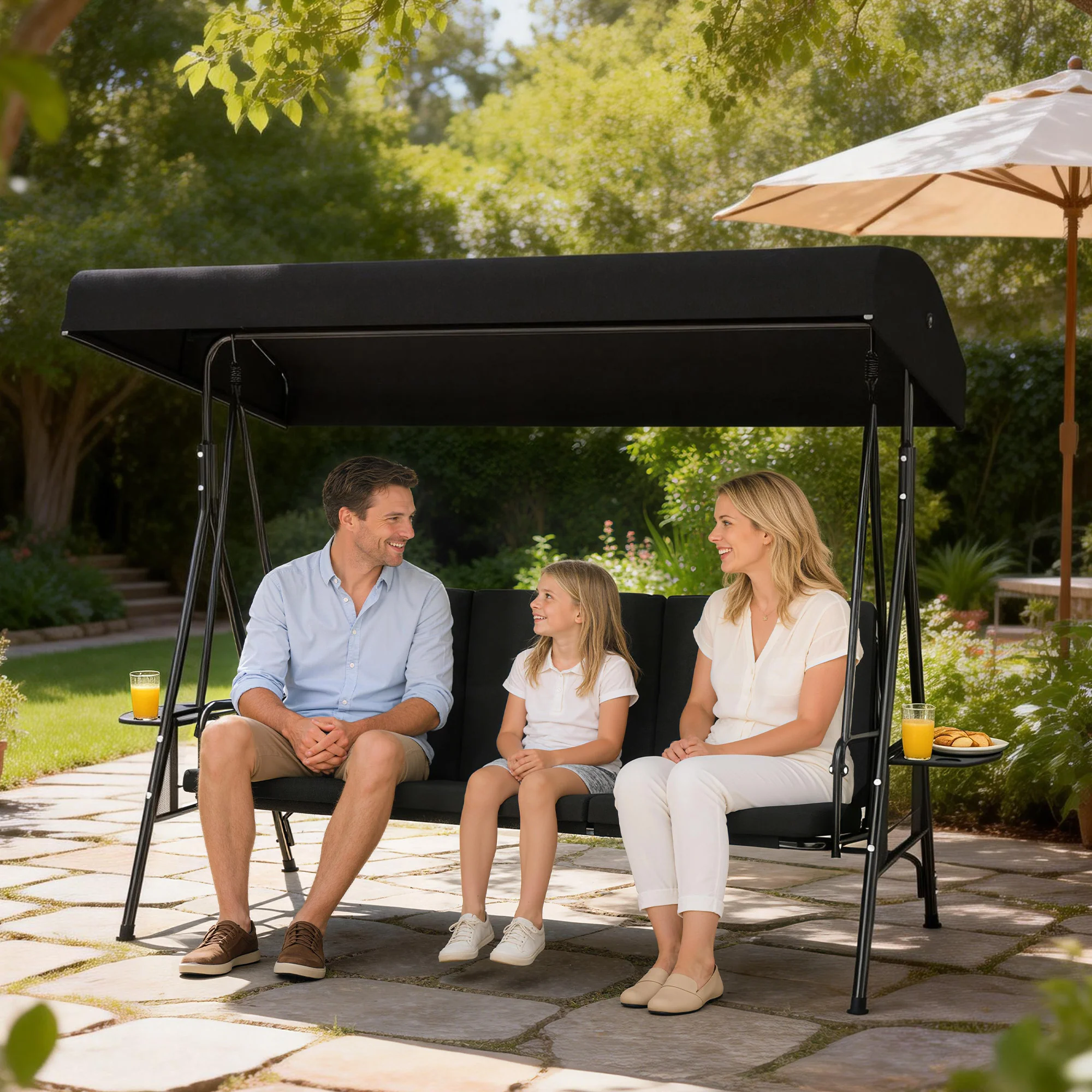3-Seat Patio Swing Chair with Adjustable Canopy and Side Tray, Black - Image 4