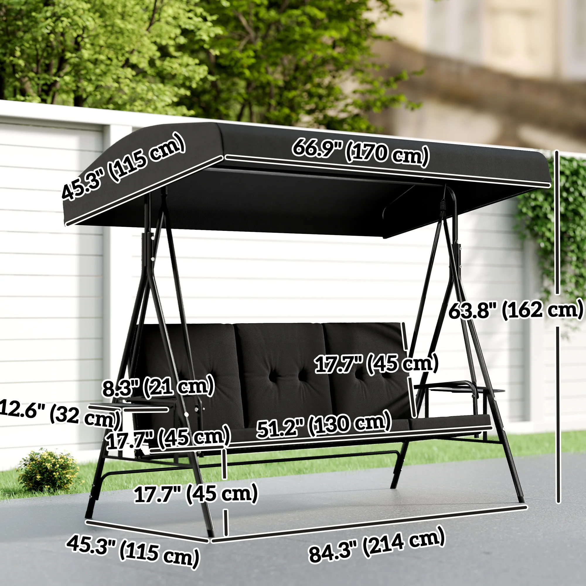 3-Seat Patio Swing Chair with Adjustable Canopy and Side Tray, Black - Image 5