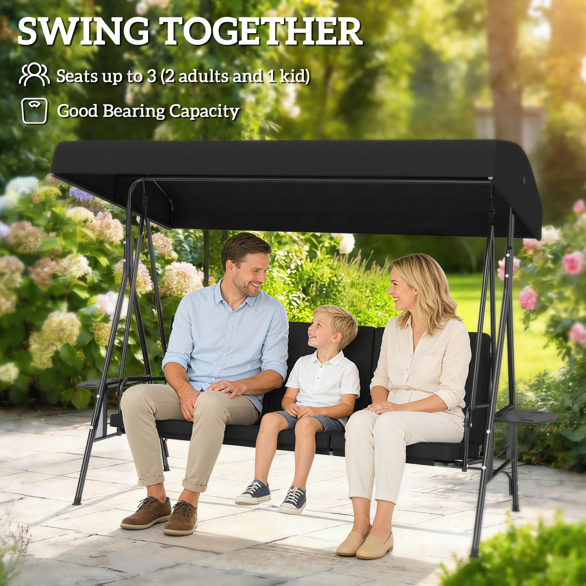 3-Seat Patio Swing Chair with Adjustable Canopy and Side Tray, Black - Image 6