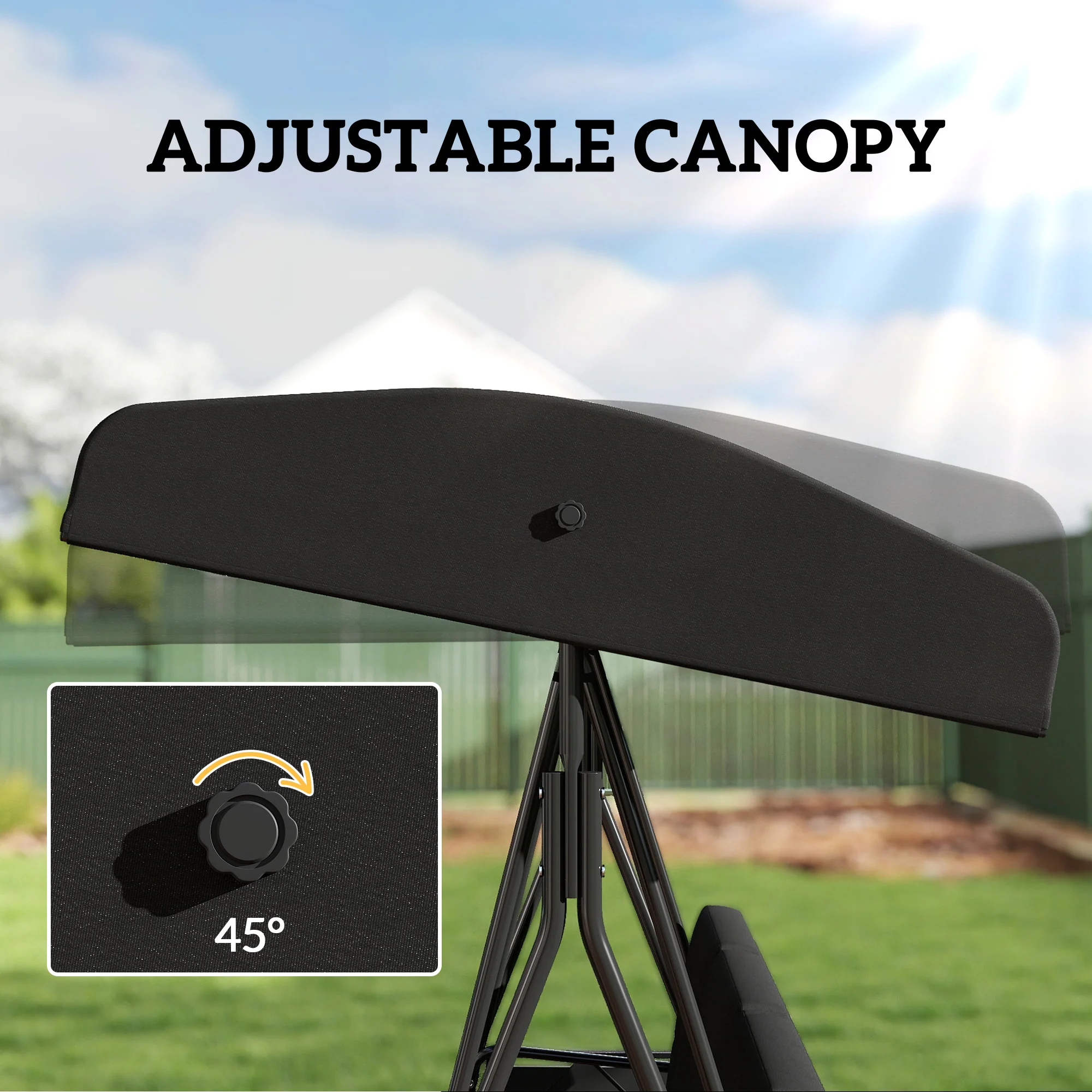 3-Seat Patio Swing Chair with Adjustable Canopy and Side Tray, Black - Image 7