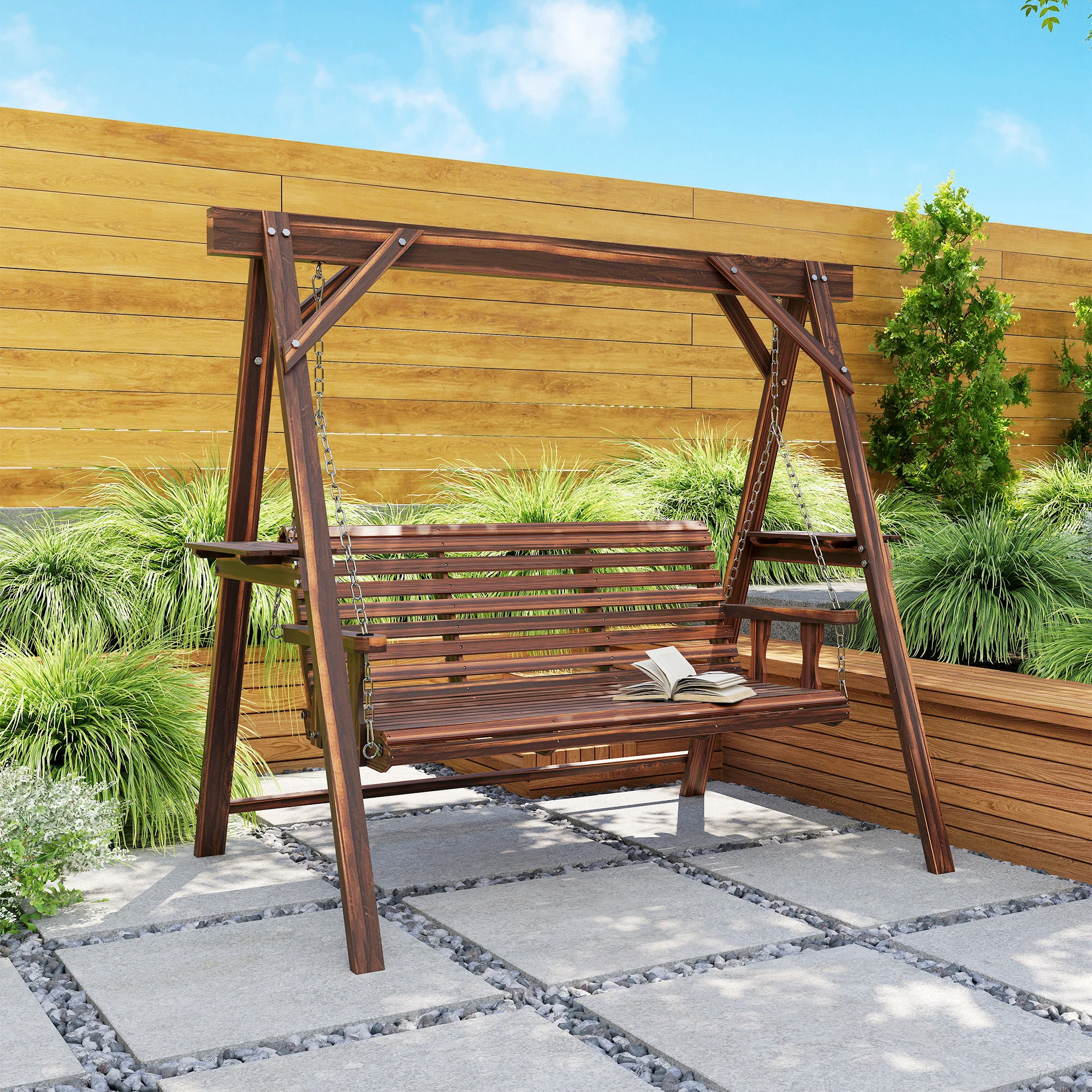 3 Seat Porch Swing with Stand and Side Tables, Carbonized Brown - Image 10