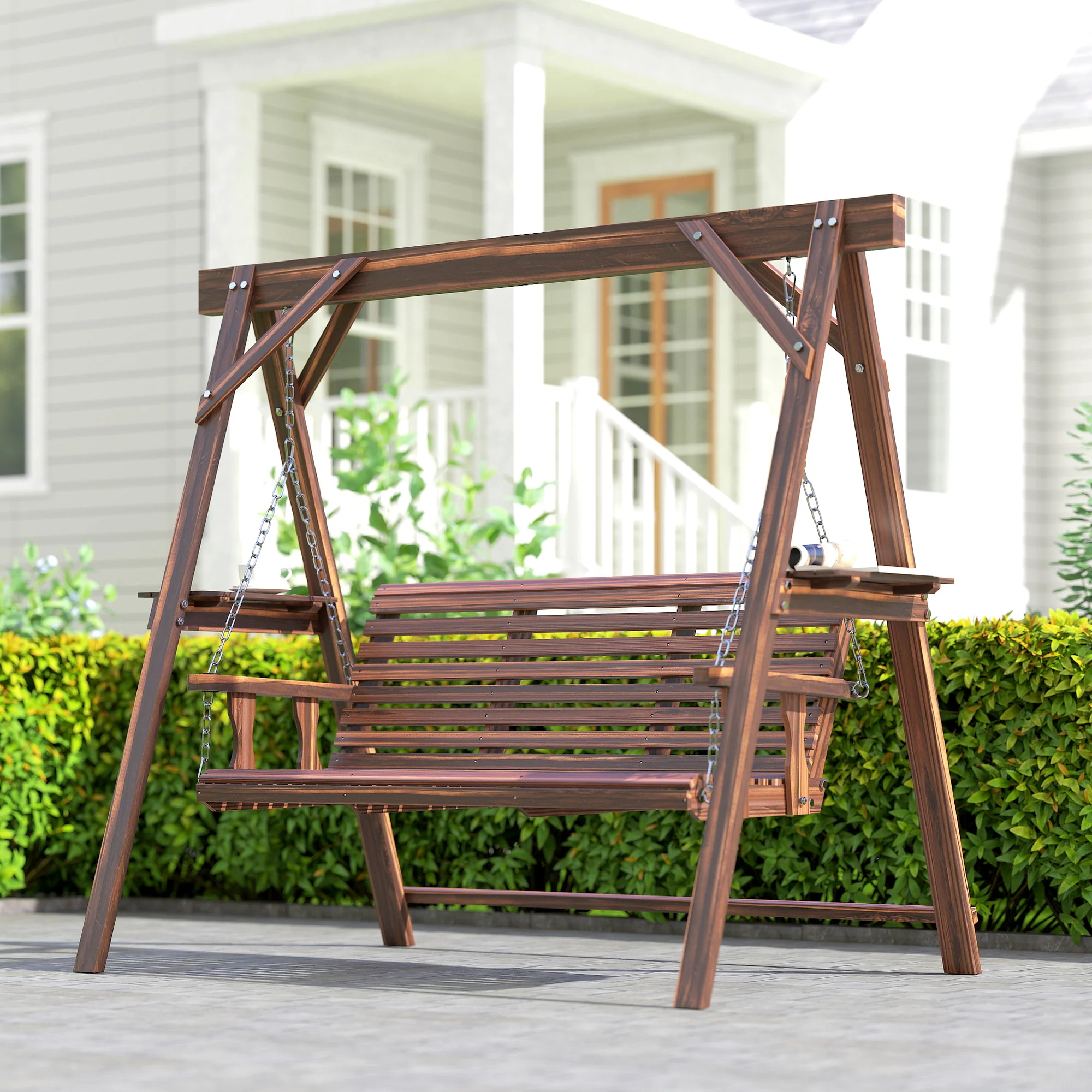 3 Seat Porch Swing with Stand and Side Tables, Carbonized Brown - Image 11