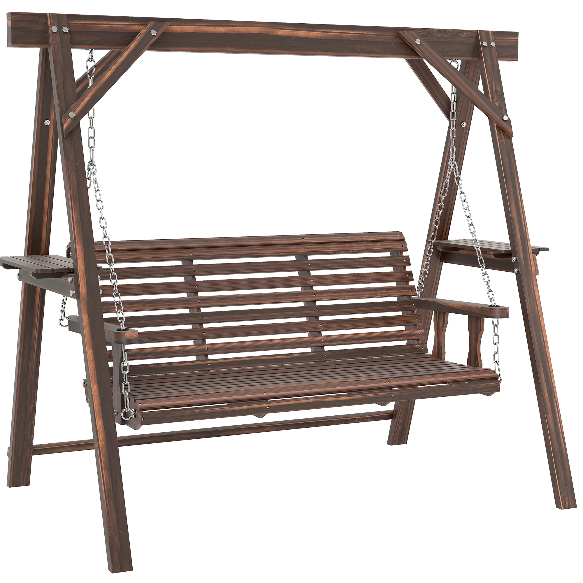 3 Seat Porch Swing with Stand and Side Tables, Carbonized Brown - Image 12