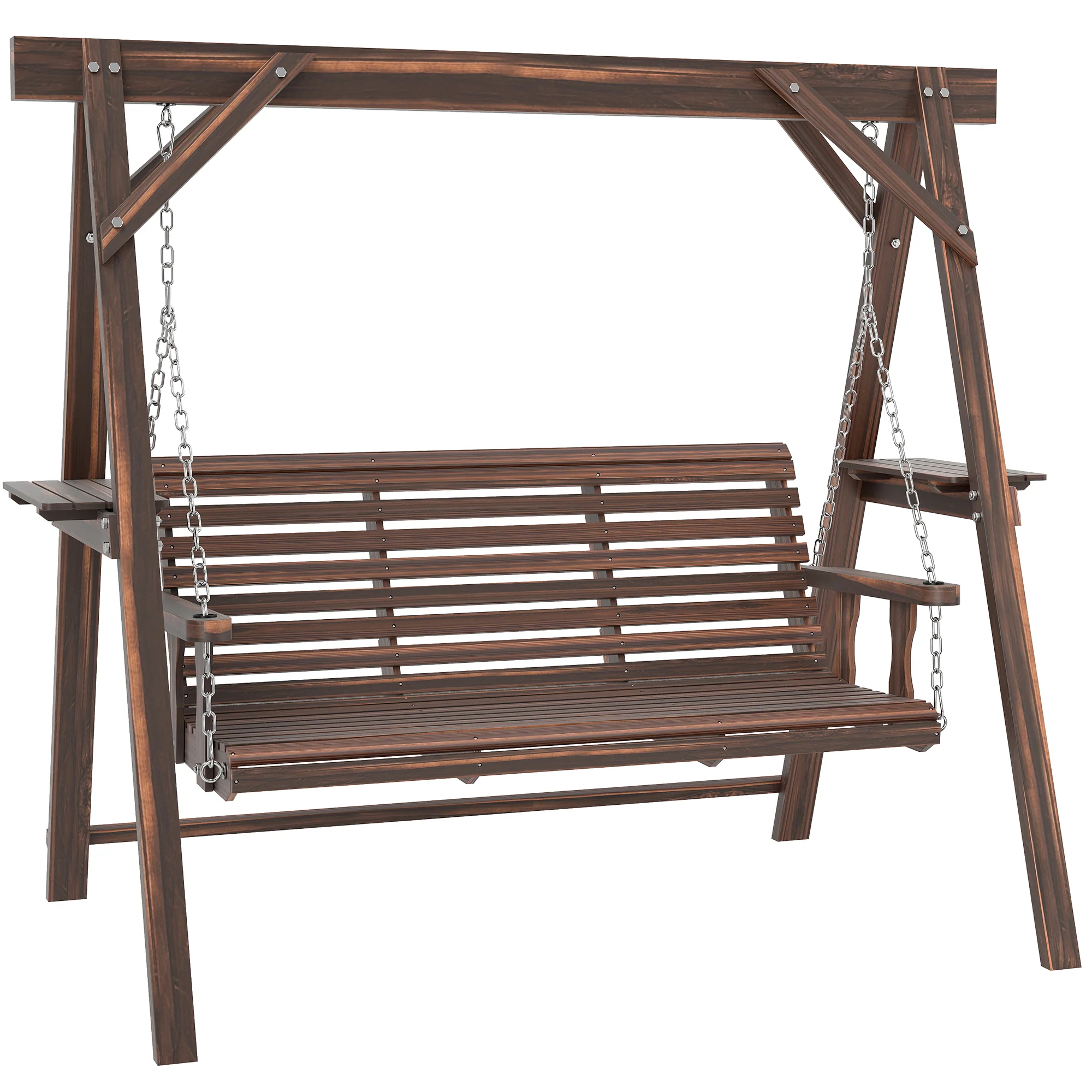 3 Seat Porch Swing with Stand and Side Tables, Carbonized Brown - Image 2