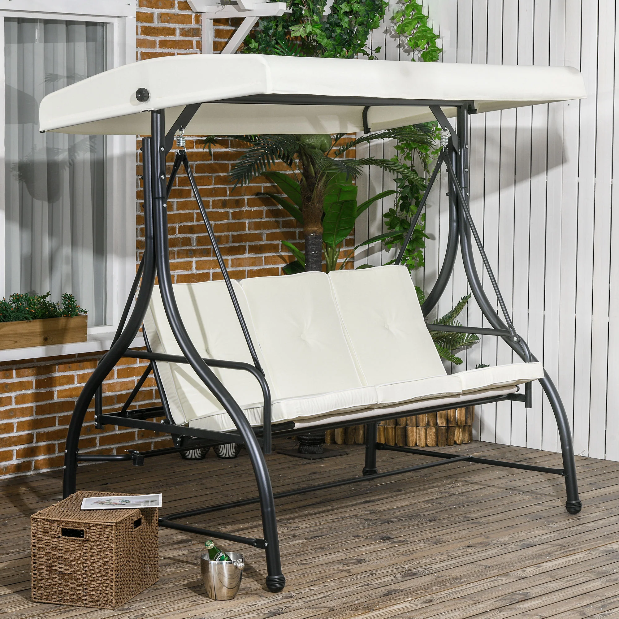 3 Seater Canopy Swing Chair with Adjustable Canopy and Metal Frame, Cream White - Image 4