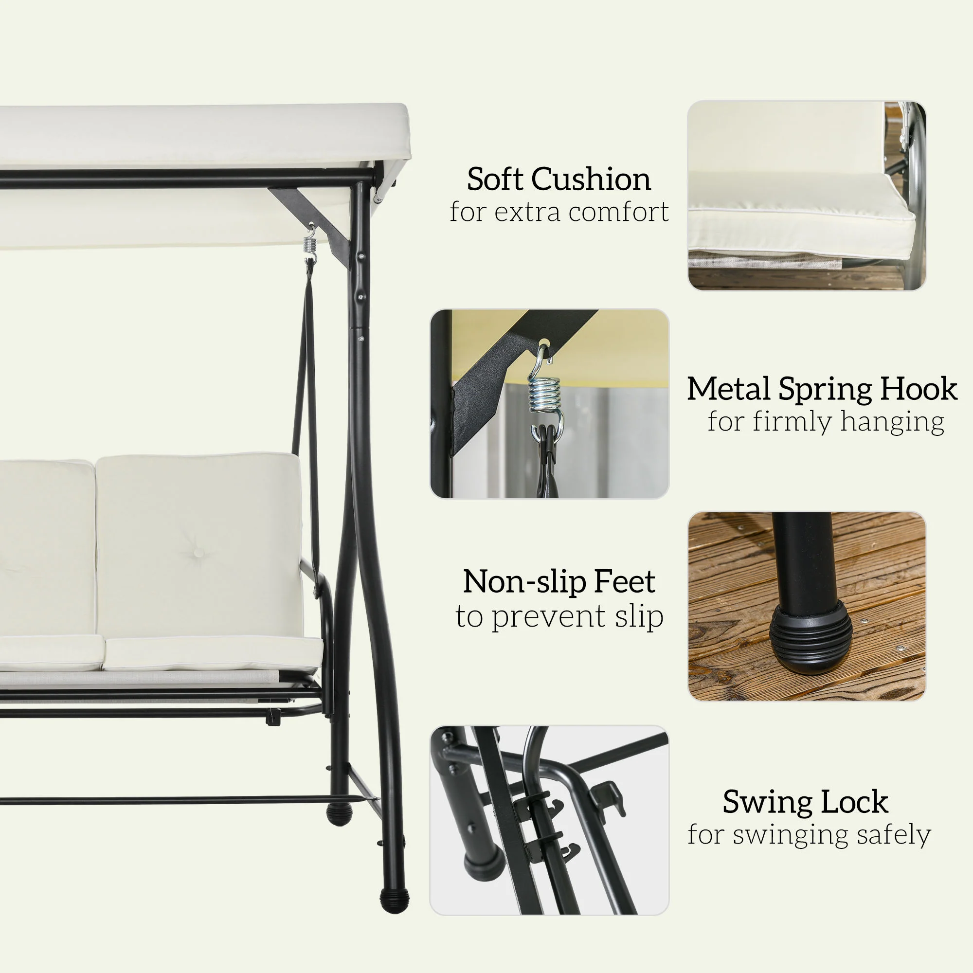 3 Seater Canopy Swing Chair with Adjustable Canopy and Metal Frame, Cream White - Image 8