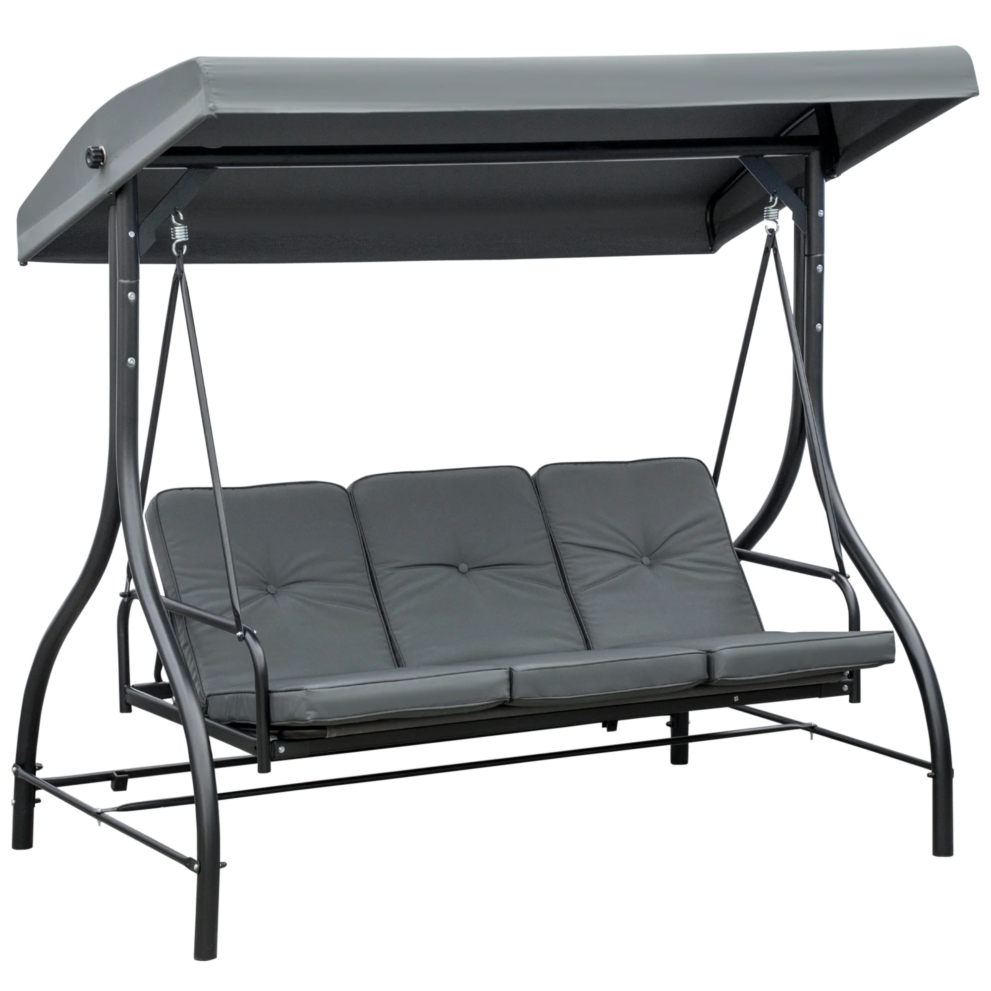 3 Seater Canopy Swing Chair with Adjustable Canopy and Metal Frame, Dark Grey