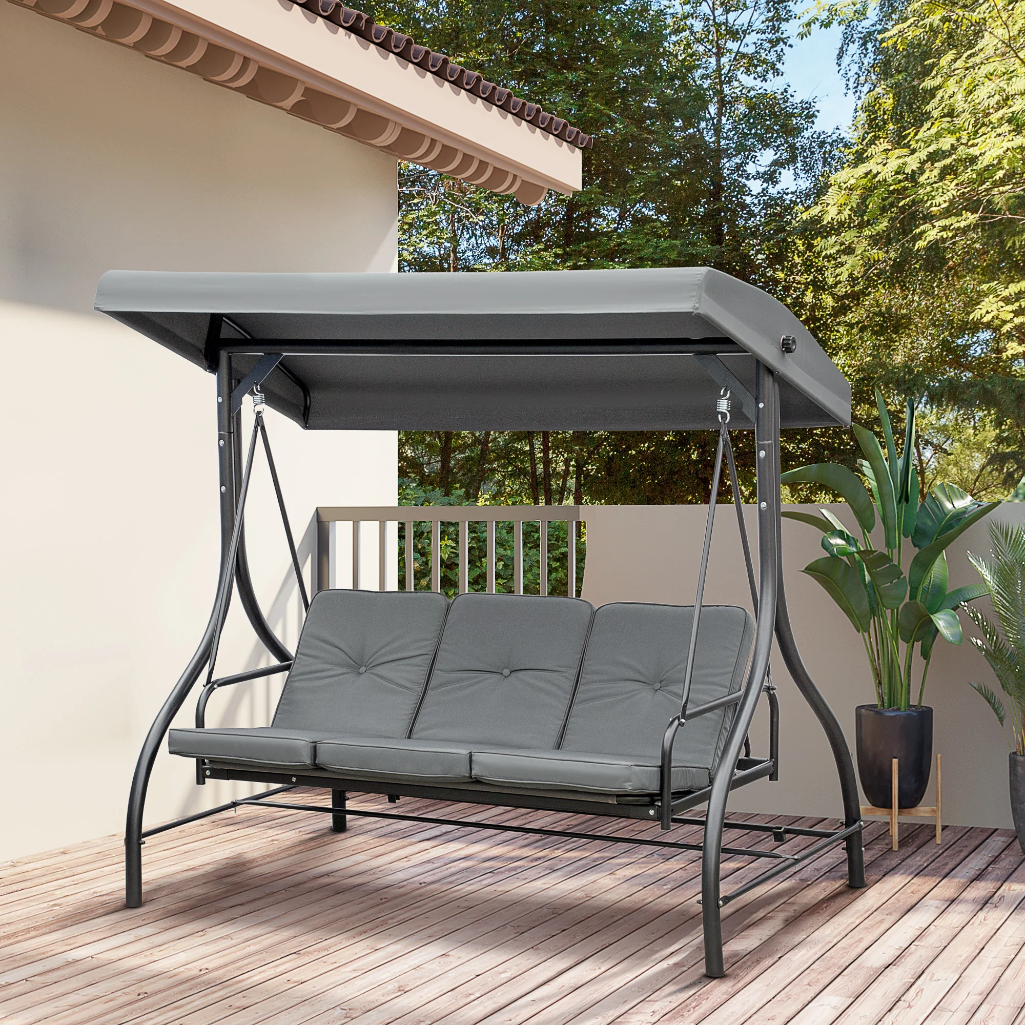 3 Seater Canopy Swing Chair with Adjustable Canopy and Metal Frame, Dark Grey - Image 3