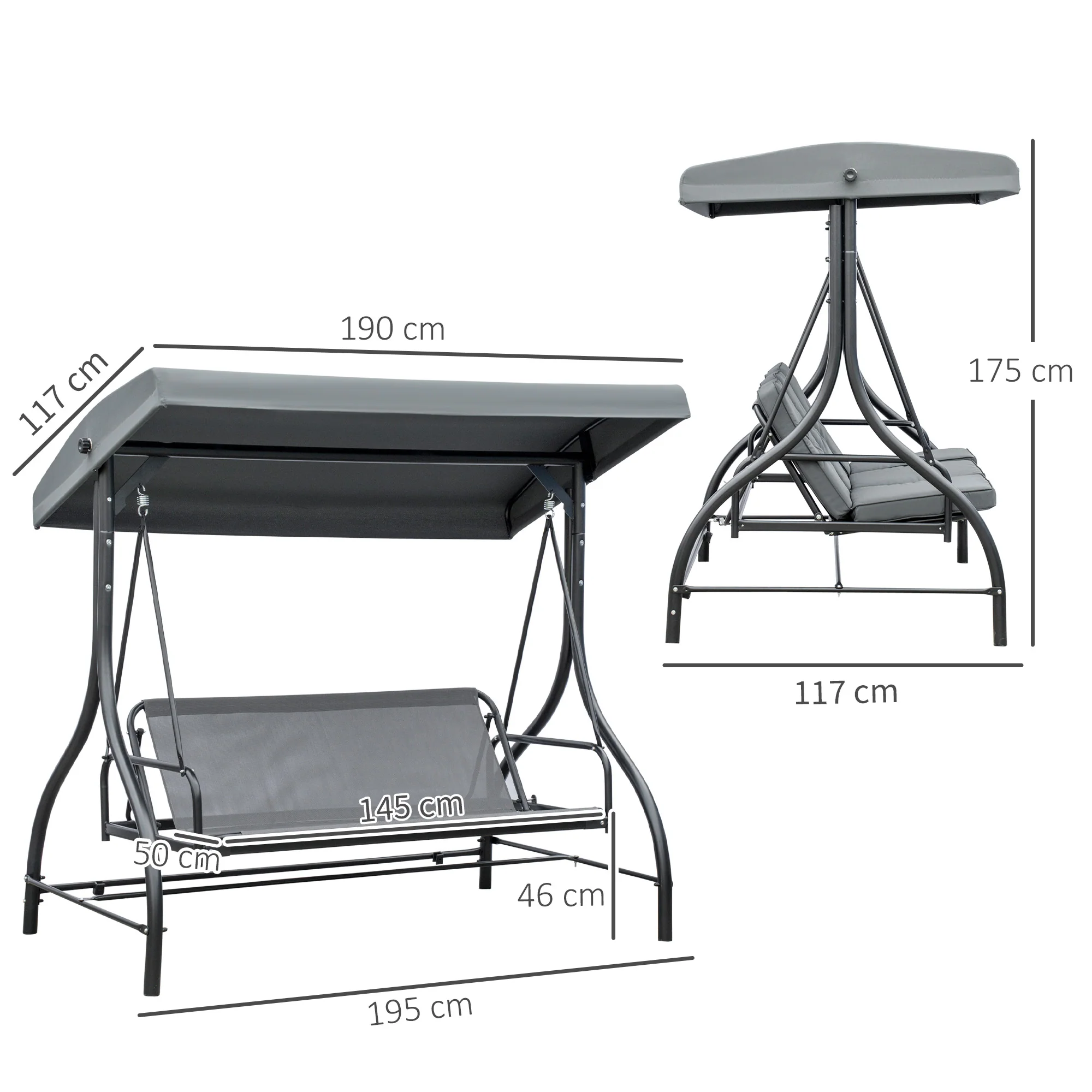 3 Seater Canopy Swing Chair with Adjustable Canopy and Metal Frame, Dark Grey - Image 5